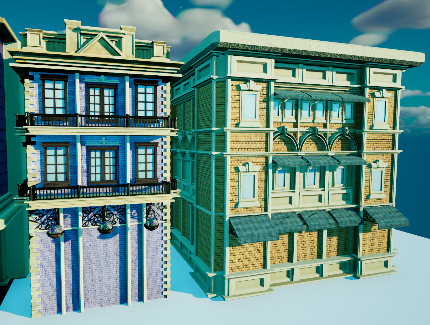 Modular buildings for the market in an in-engine test level.