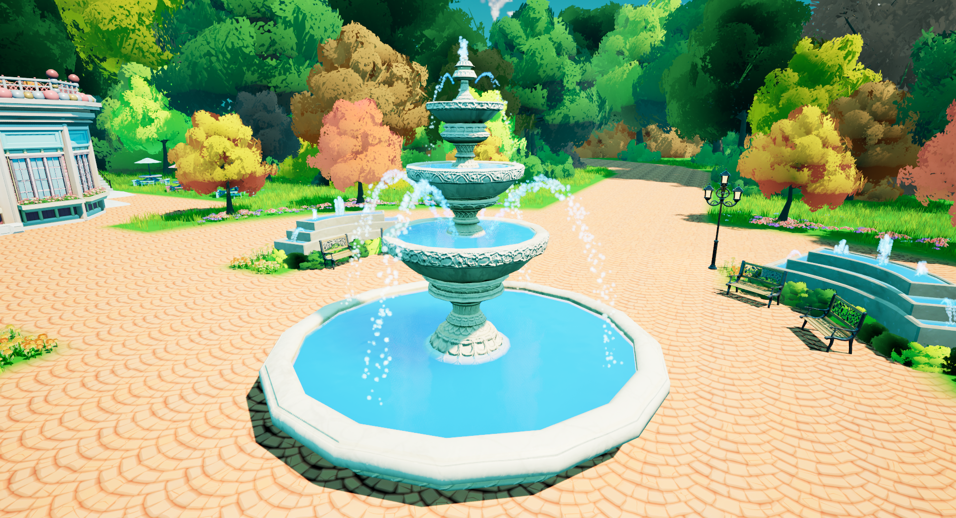 Plaza fountain and water features. Water VFX and water shader material by Conor Dolan. Benches modeled and textured by Ethan Martinez Lockhart.