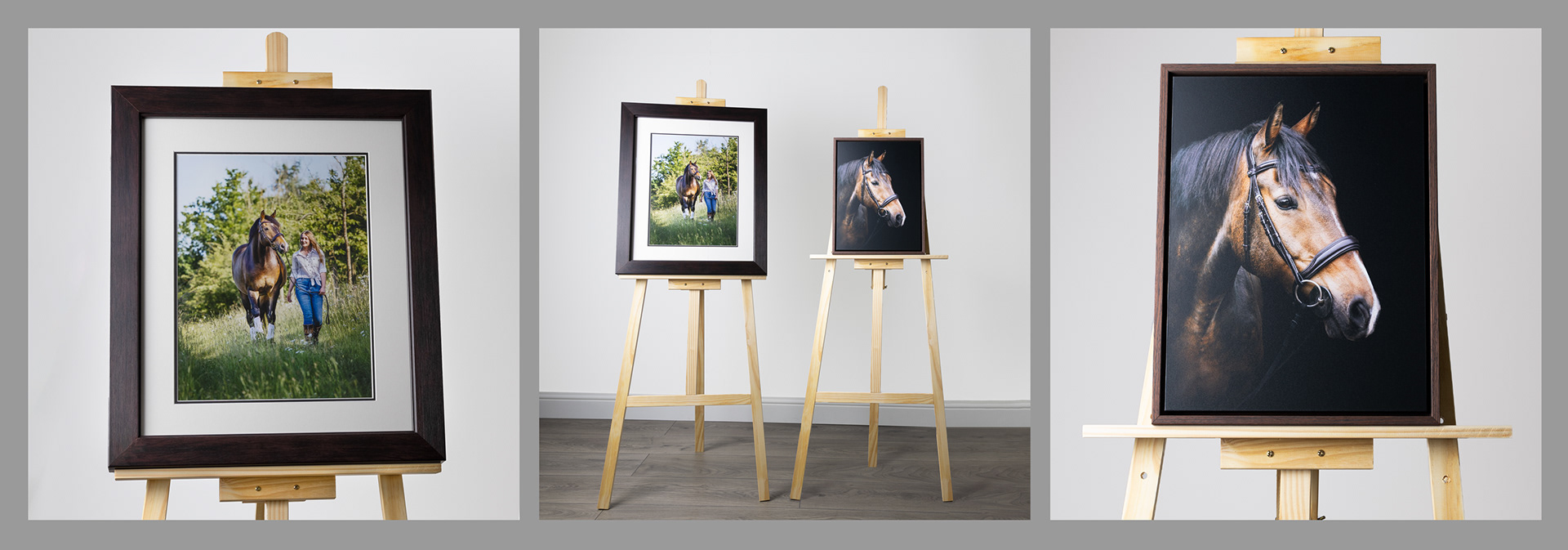 a selection of images showing framed wall art of a horse and of a horse and owner