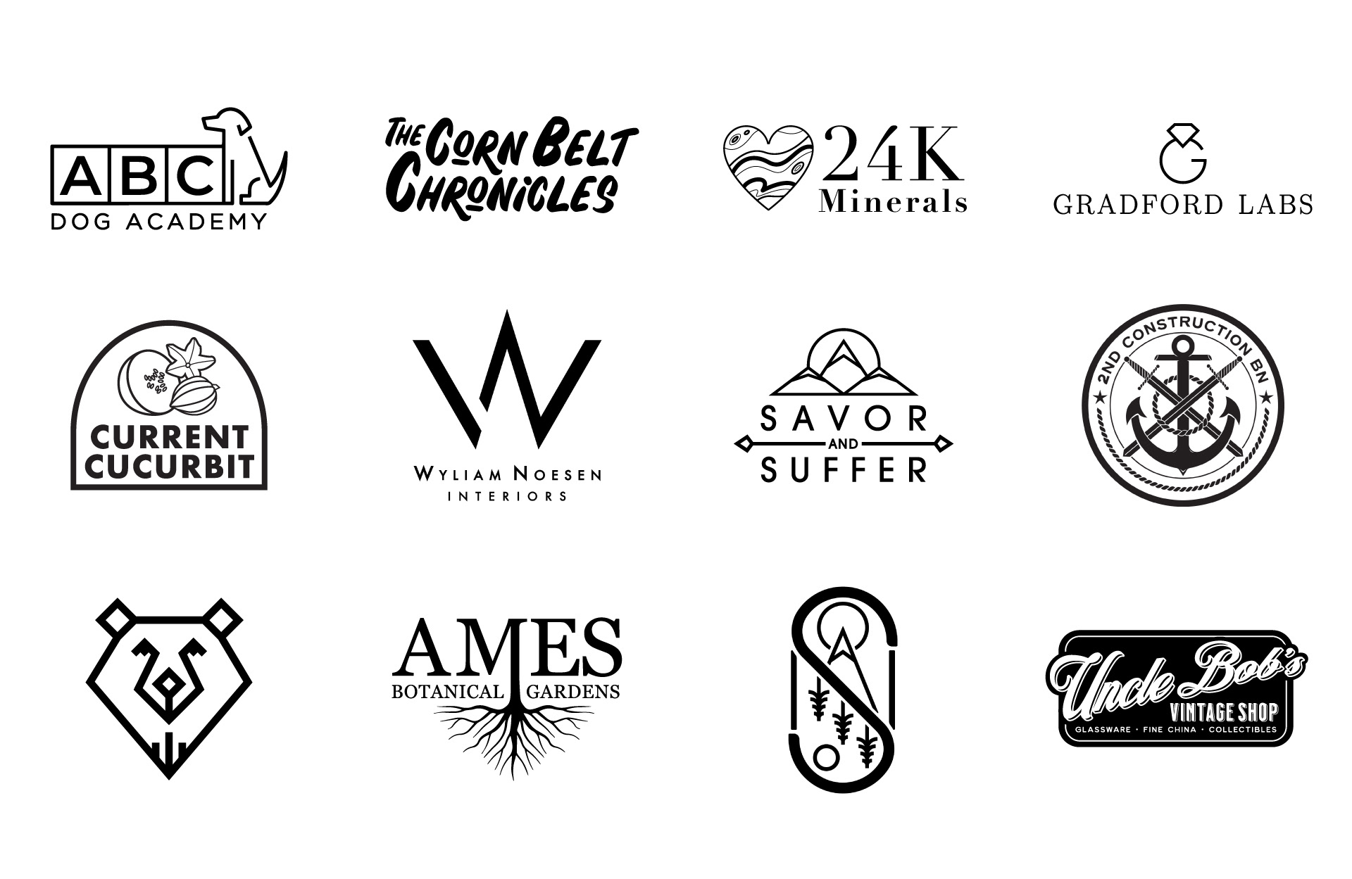 Collection of used and unused logo designs produced during commissioned work - 2020-2025