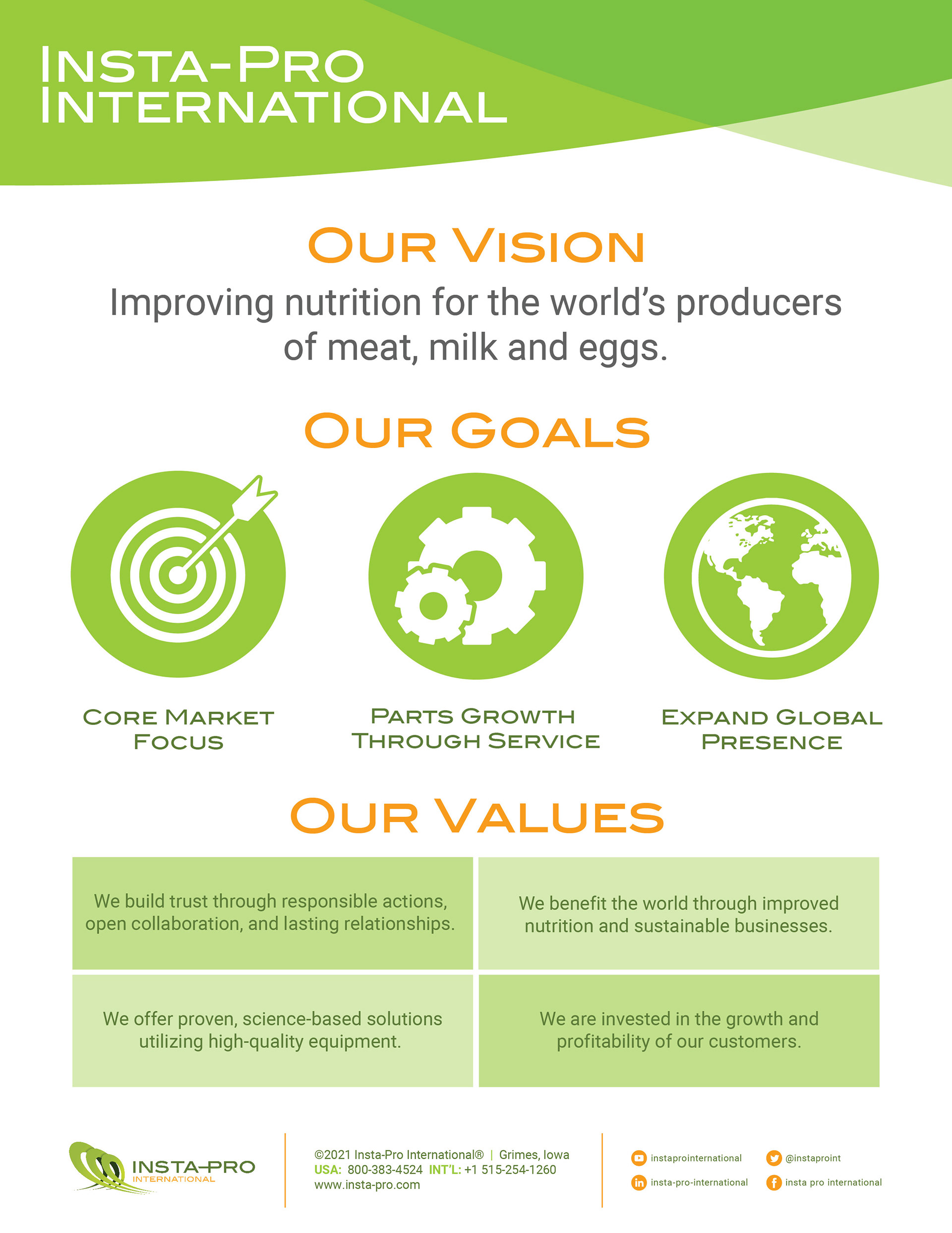 Internal sheet used for describing Insta-Pro's core values