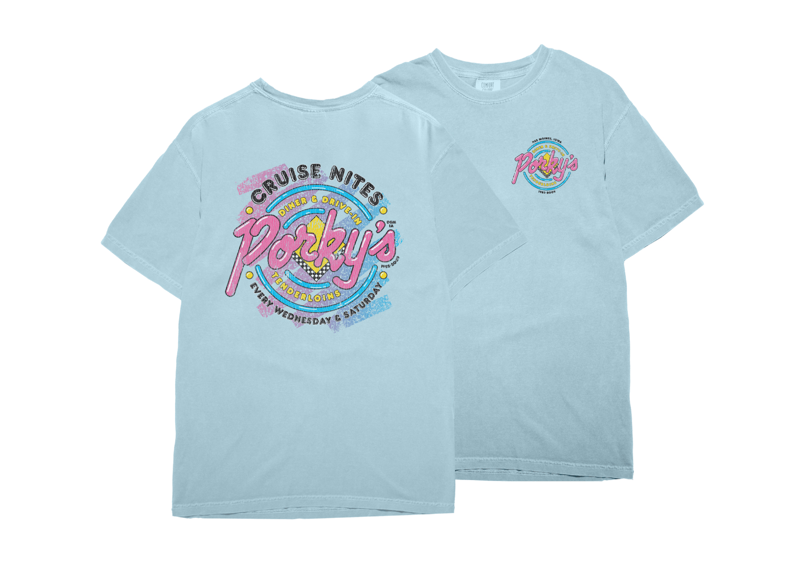 Throwback merch concept for closed retro diner and local landmark Porky's in Des Moines, Iowa - 2025