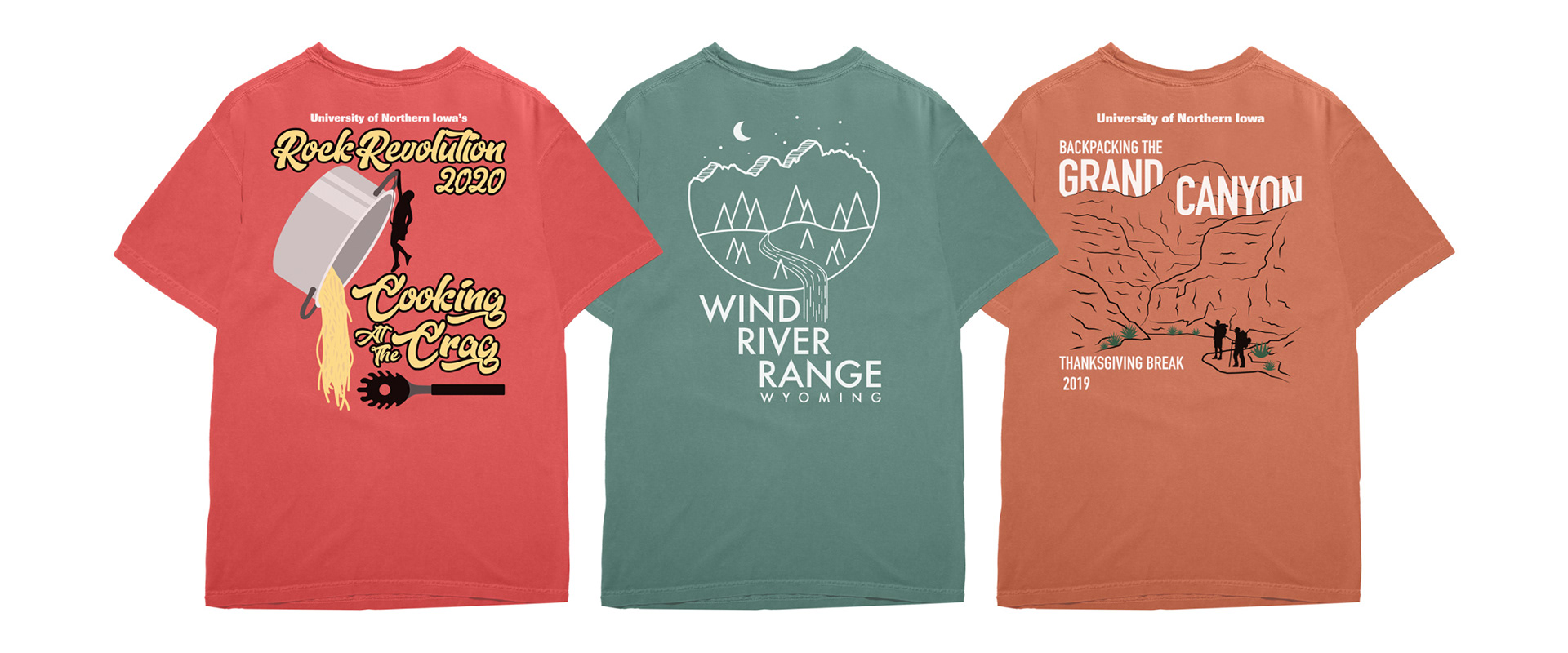 Commissioned by University of Northern Iowa's outdoor recreation department for shirt designs for multiple trips/events. 2020-2022