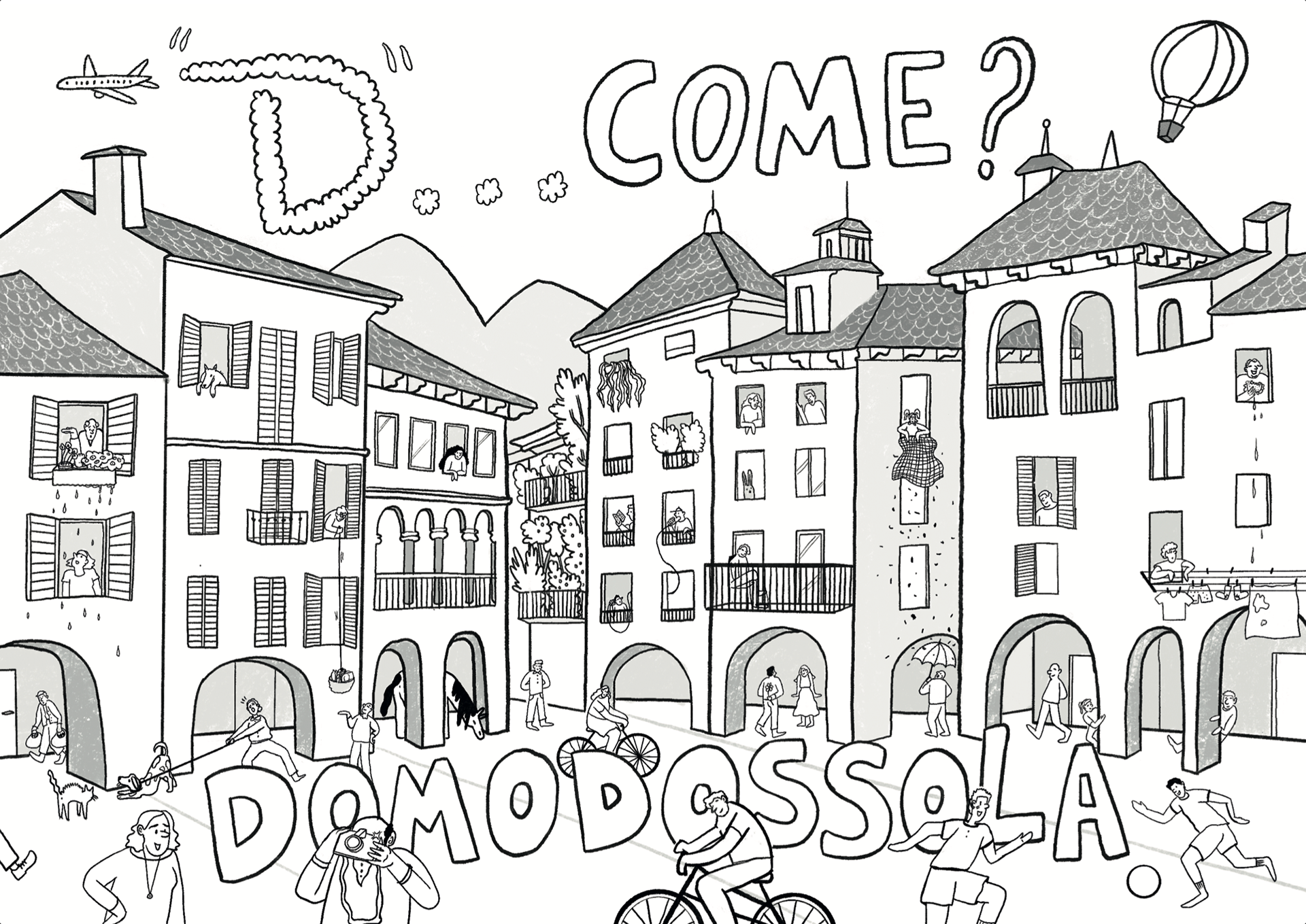 Fronte - la piazza principale di Domodossola in bianco e nero, da colorare