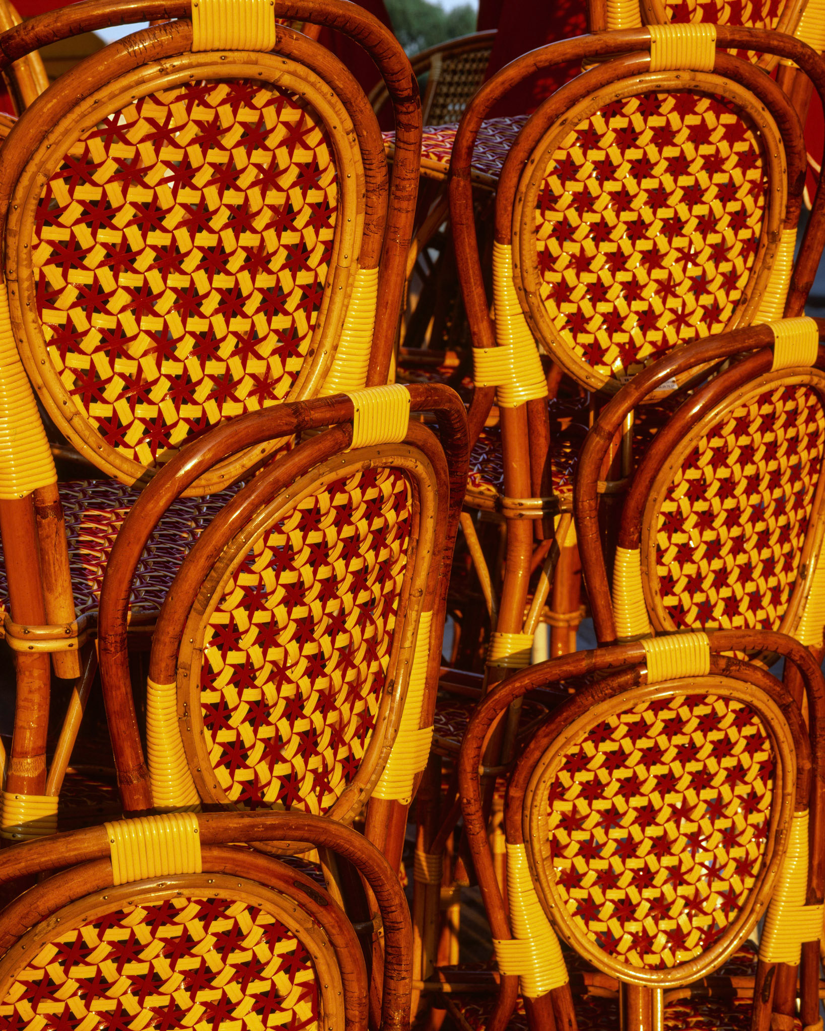 Chairs stacked outside a pavement café