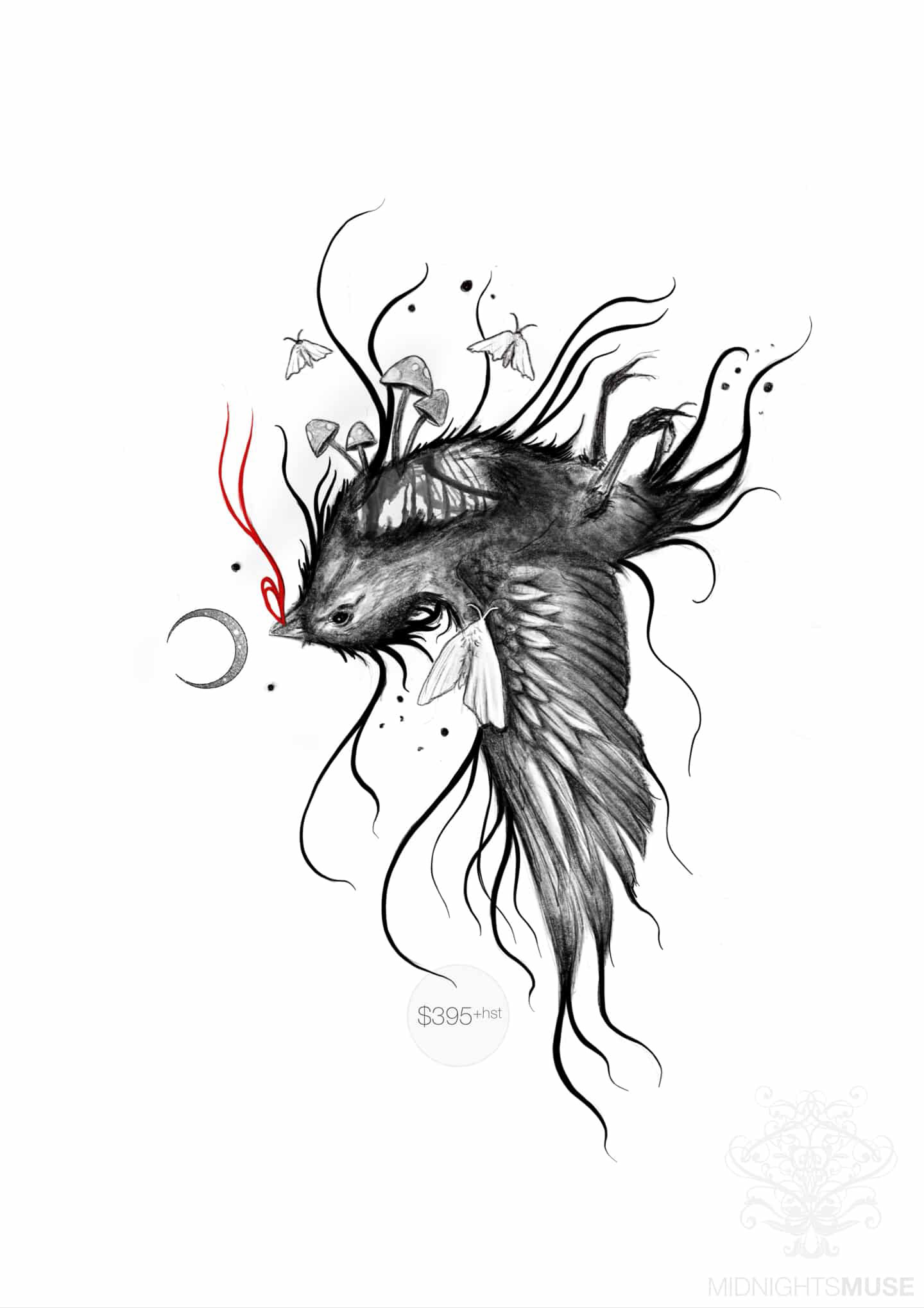 Delicate swallow with moons, moths and mushrooms. Sizing starts at 7 inches in height, perfect for thigh, calf, ribs