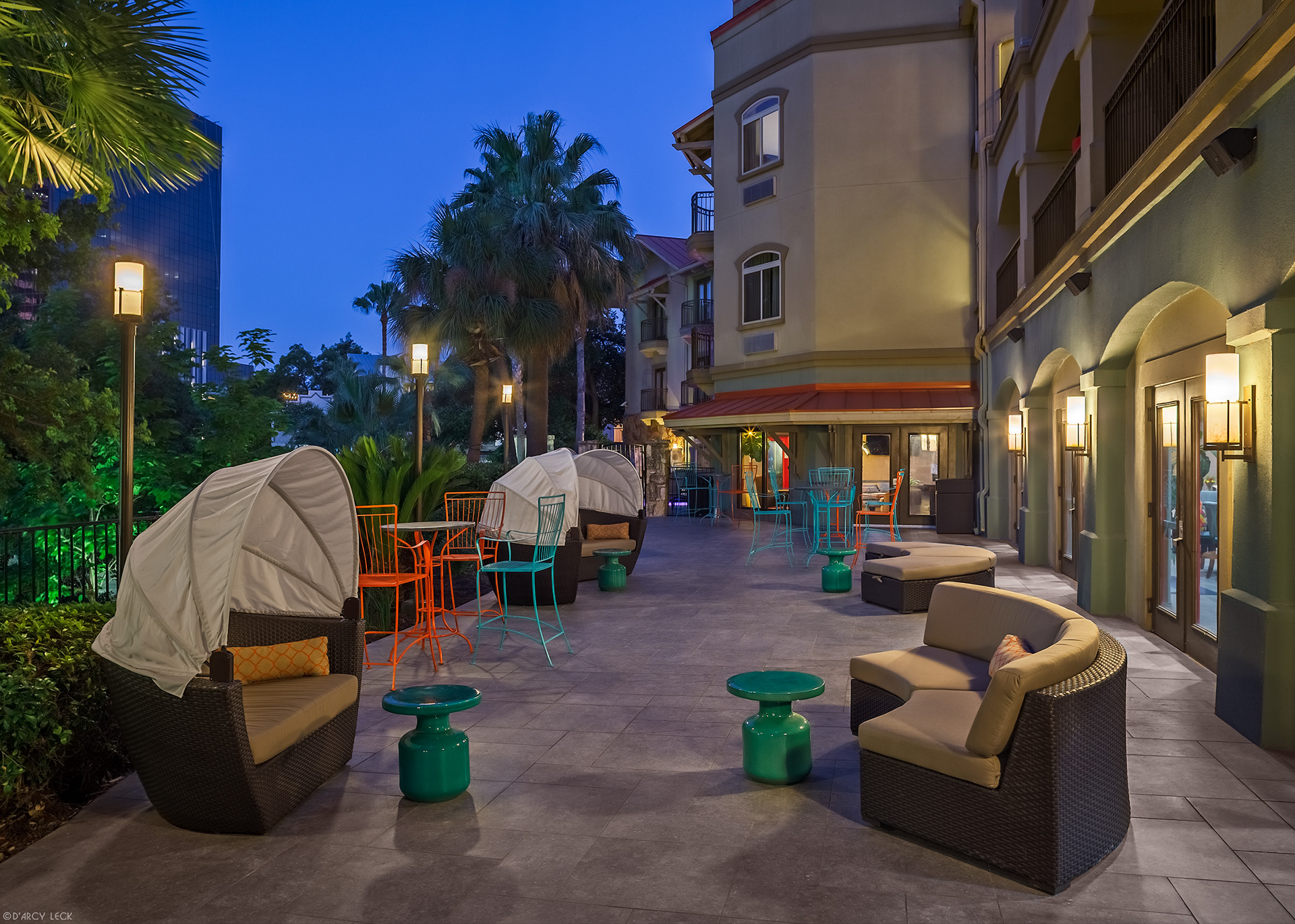 Hotel photographer D'Arcy Leck photographs the Riverwalk Terrace of the Hotel Indigo San Antonio Riverwalk
