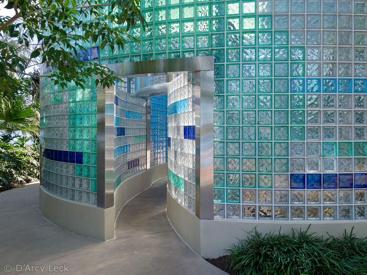 Exterior architectural photography of colored glass block pool house