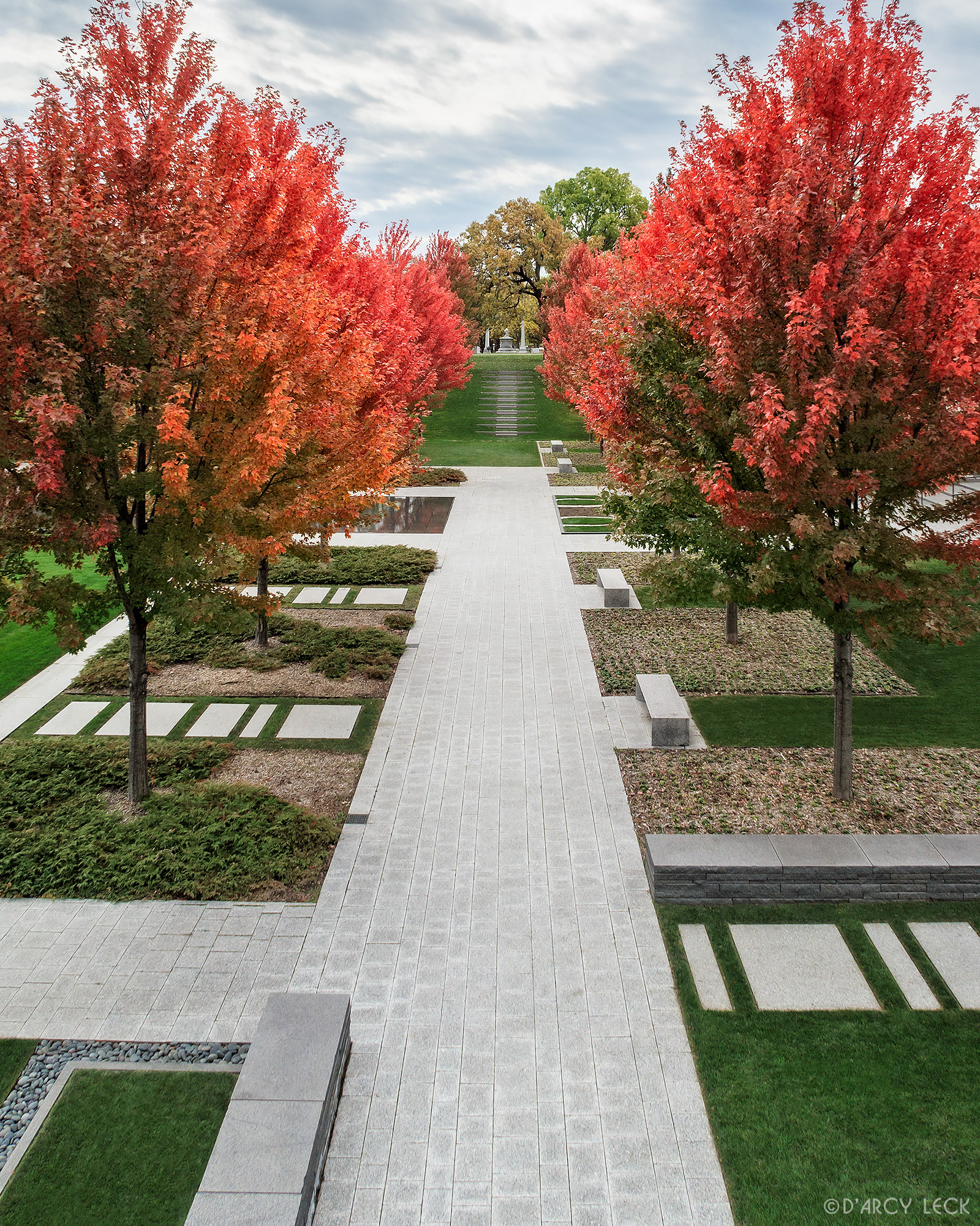 landscape architecture photographer D'Arcy Leck photographs the courtyard of the Lakewood Garden Mausoleum in autumn