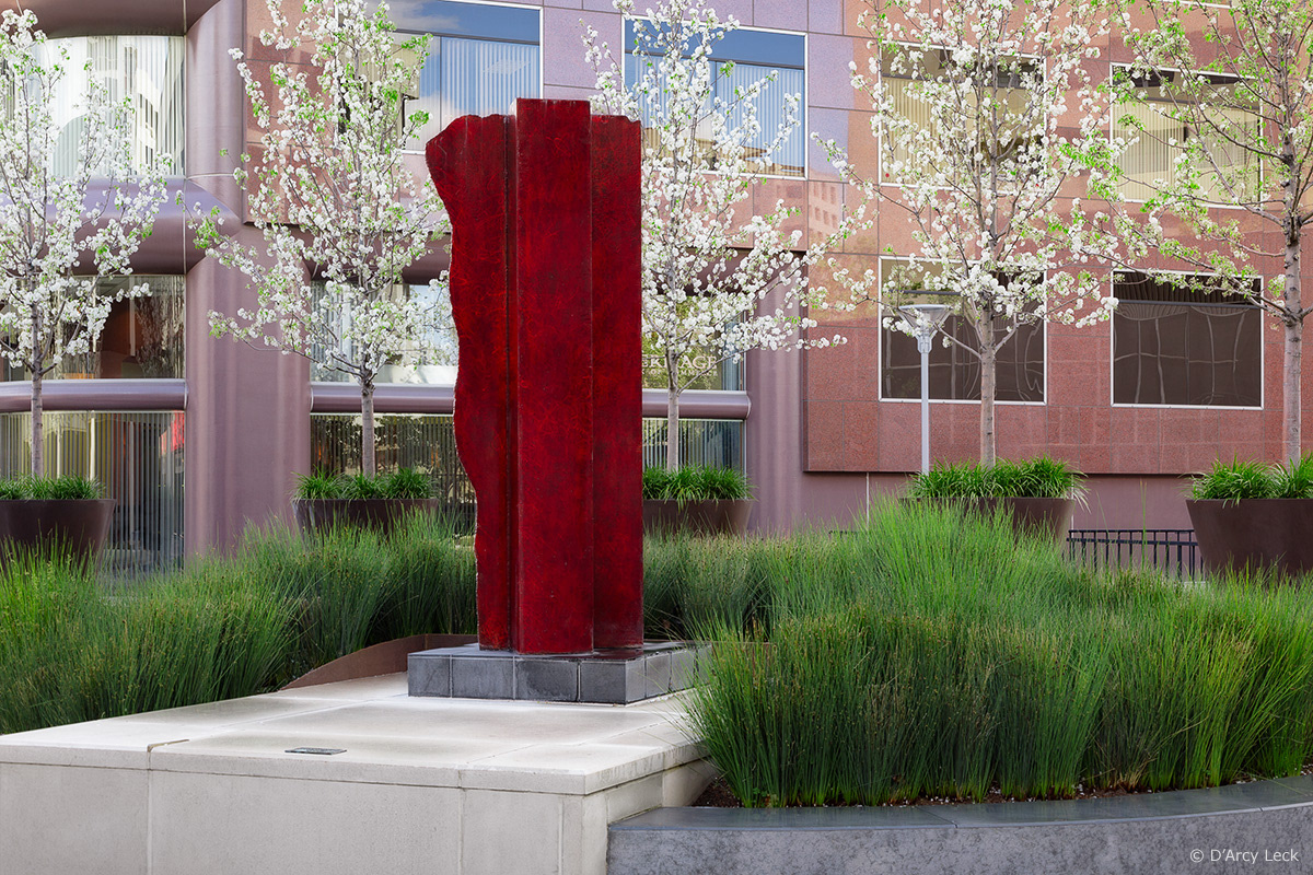 landscape architecture photographer D'Arcy Leck photographs the art sculpture and landscaping at the San Jose Plaza