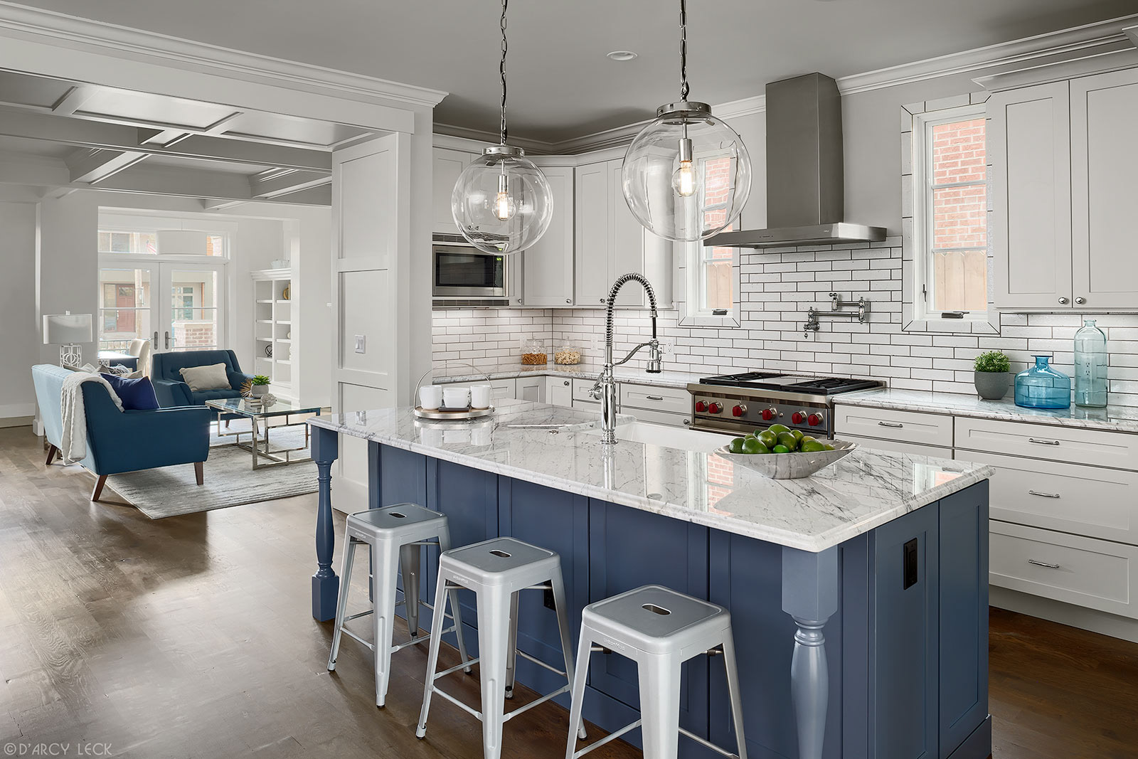 interior architectural photography of a kitchen and living room of a modern duplex 