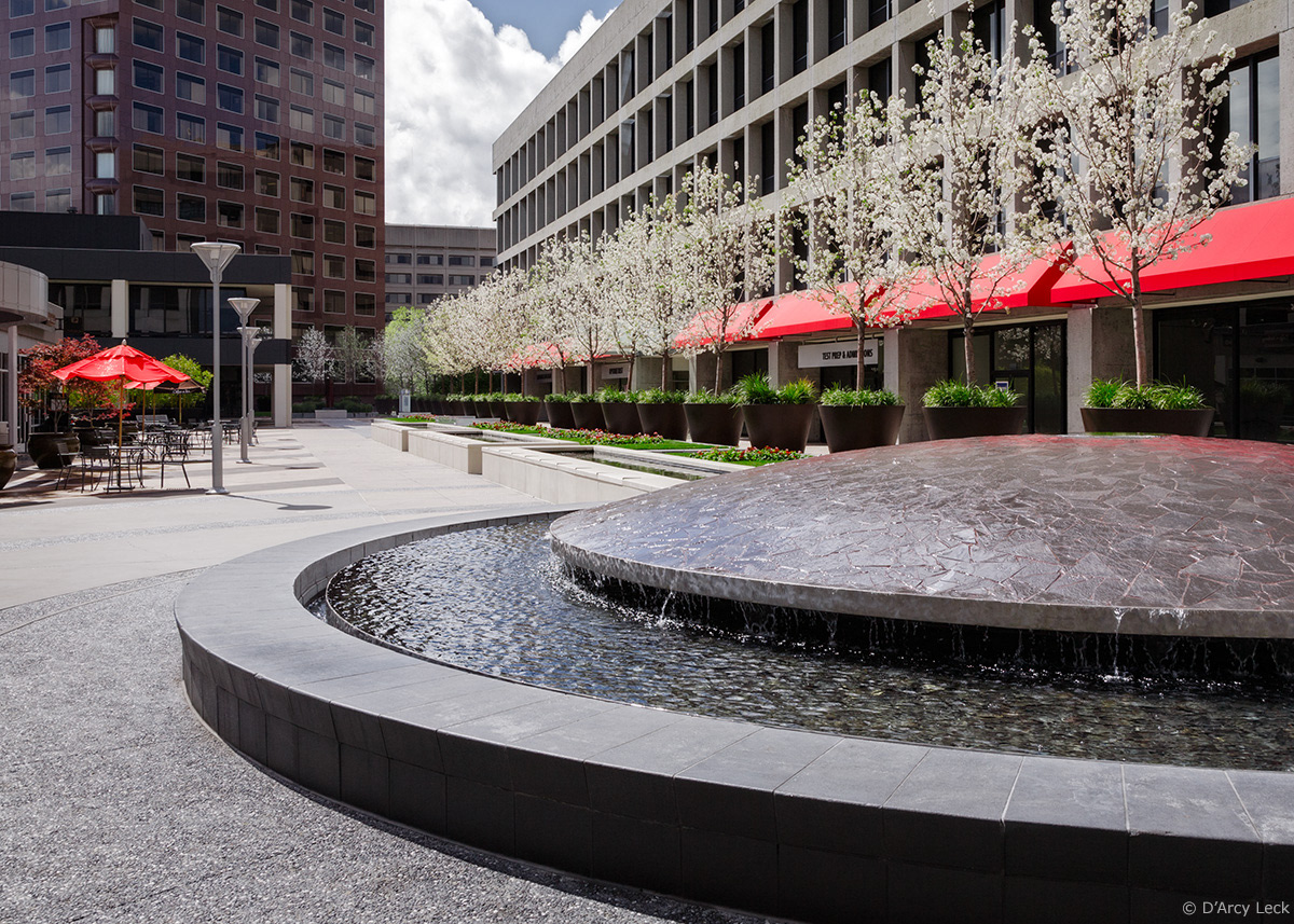 landscape architecture photographer D'Arcy Leck photographs the fountain and landscaping at the San Jose Plaza