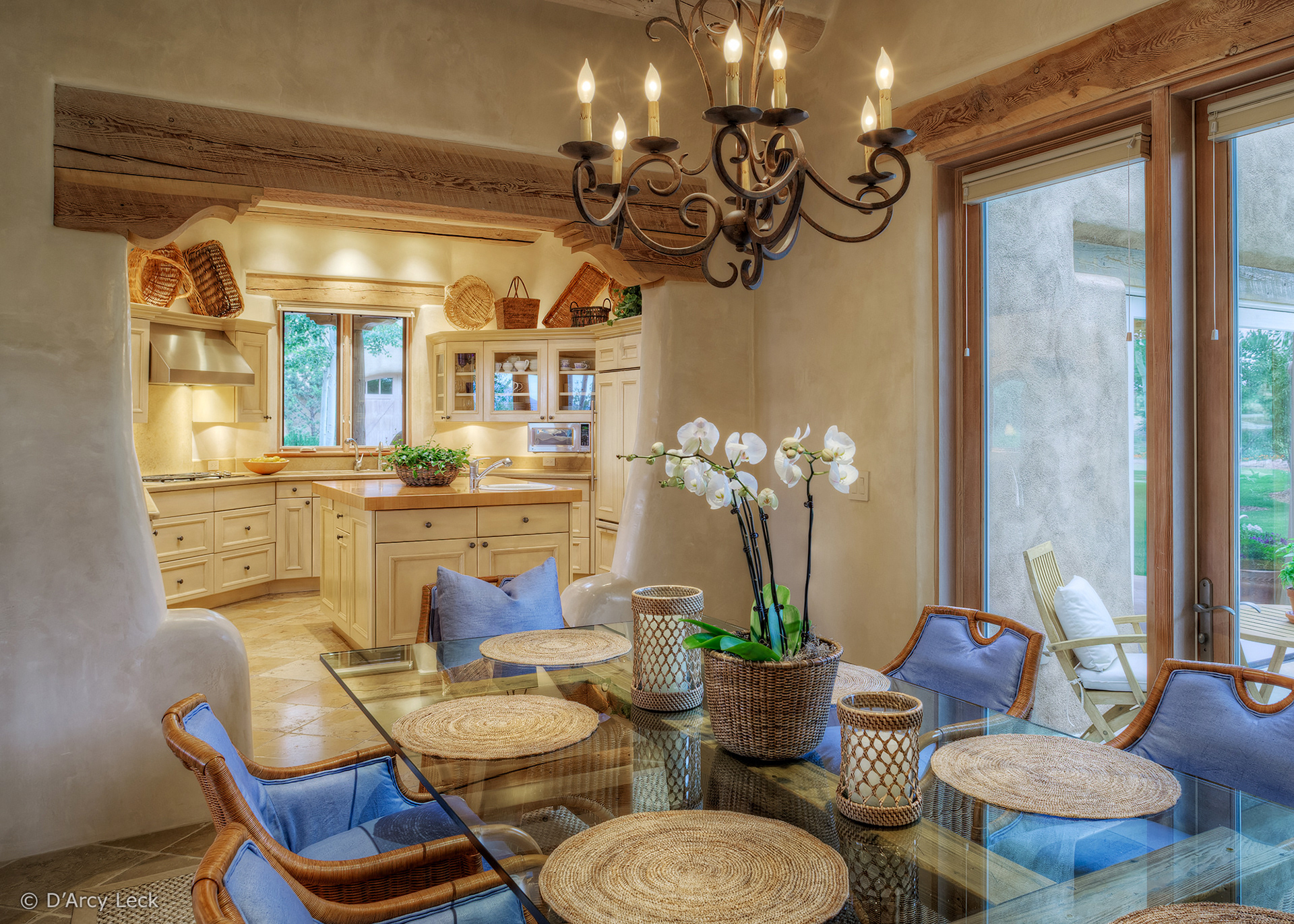 interior photographer D'Arcy Leck captures the dining room and kitchen of luxury adobe home