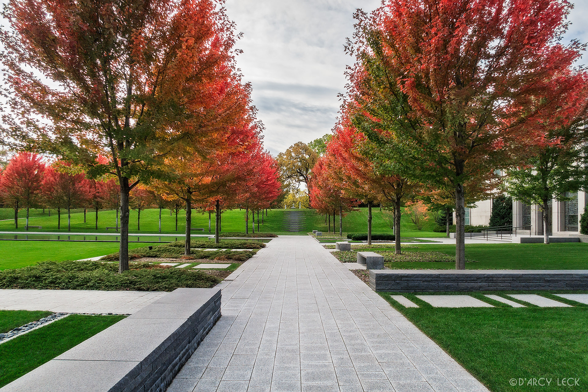 landscape architecture photographer D'Arcy Leck photographs the courtyard of the Lakewood Garden Mausoleum in autumn