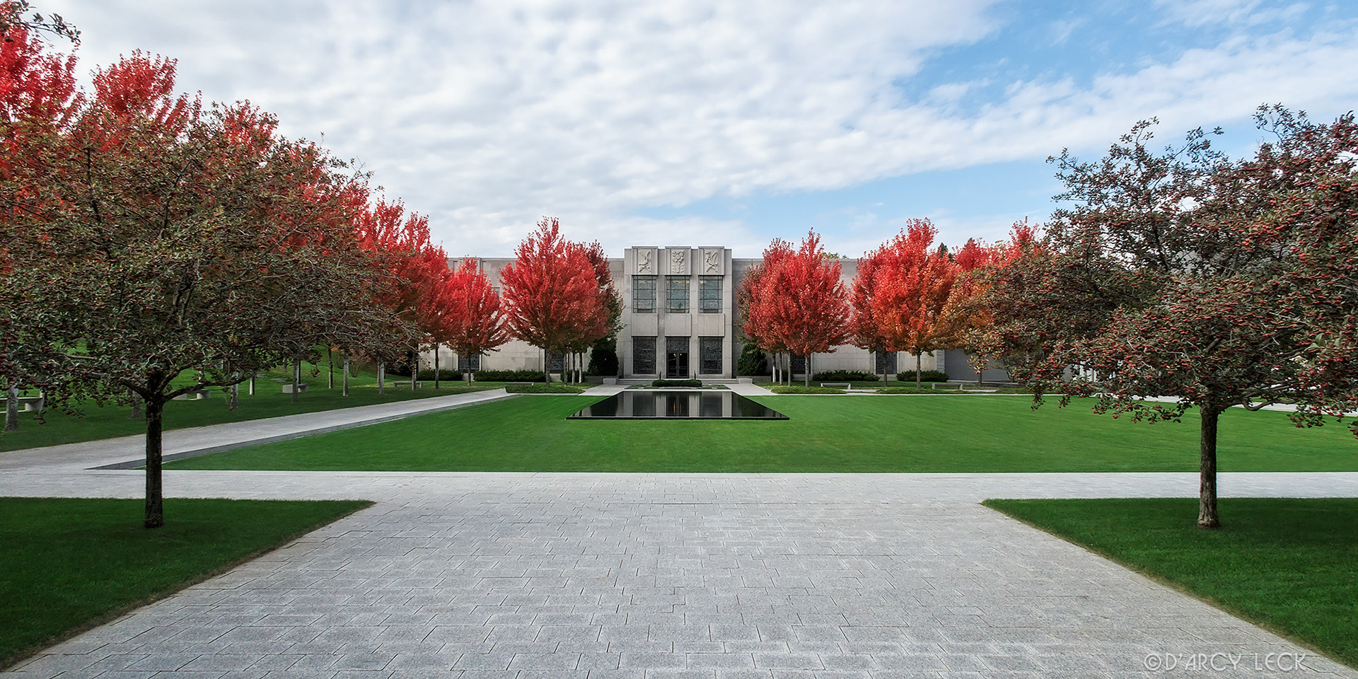 landscape architecture photography of the courtyard of the Lakewood Garden Mausoleum in autumn