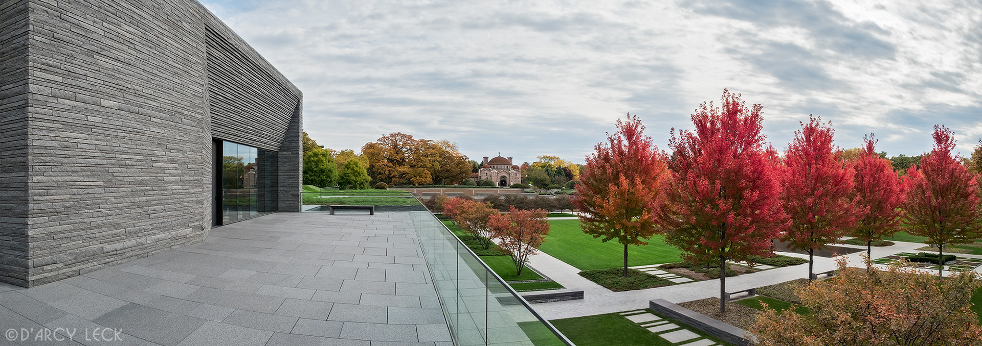 landscape architecture photographer D'Arcy Leck photographs the Mausoleum building and courtyard in autumn of the Lakewood Garden Mausoleum