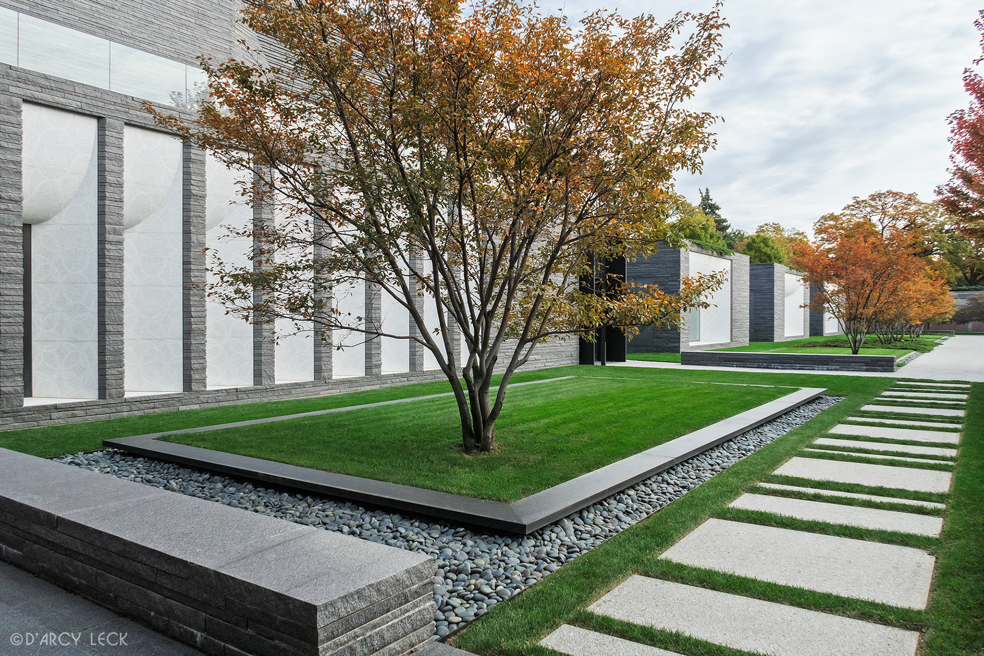 landscape architecture photographer D'Arcy Leck captures the courtyard of the Lakewood Garden Mausoleum in autumn