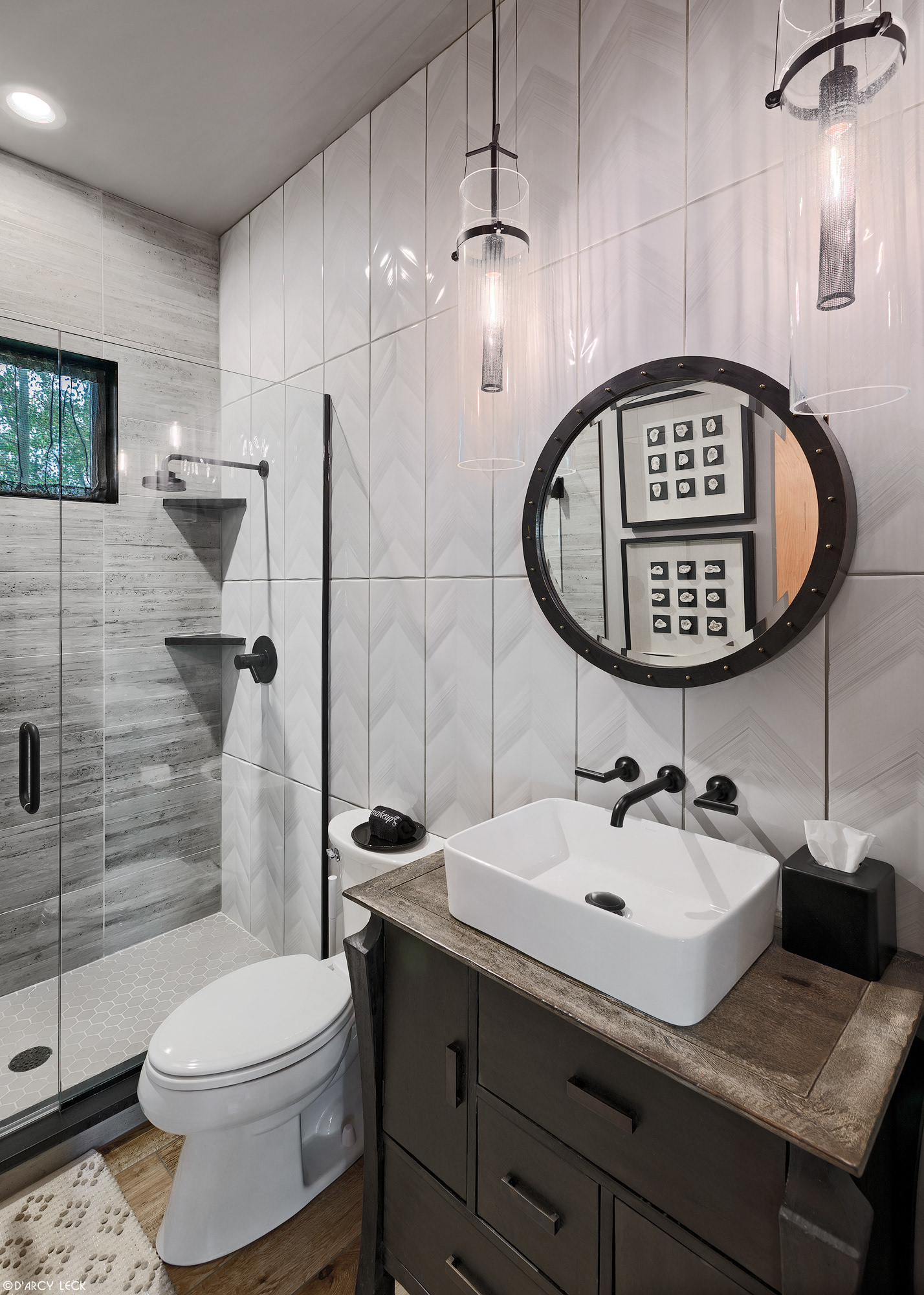 Interior design photographer D'Arcy Leck photographs a residential guest bathroom for interior design firm Vintage Elements