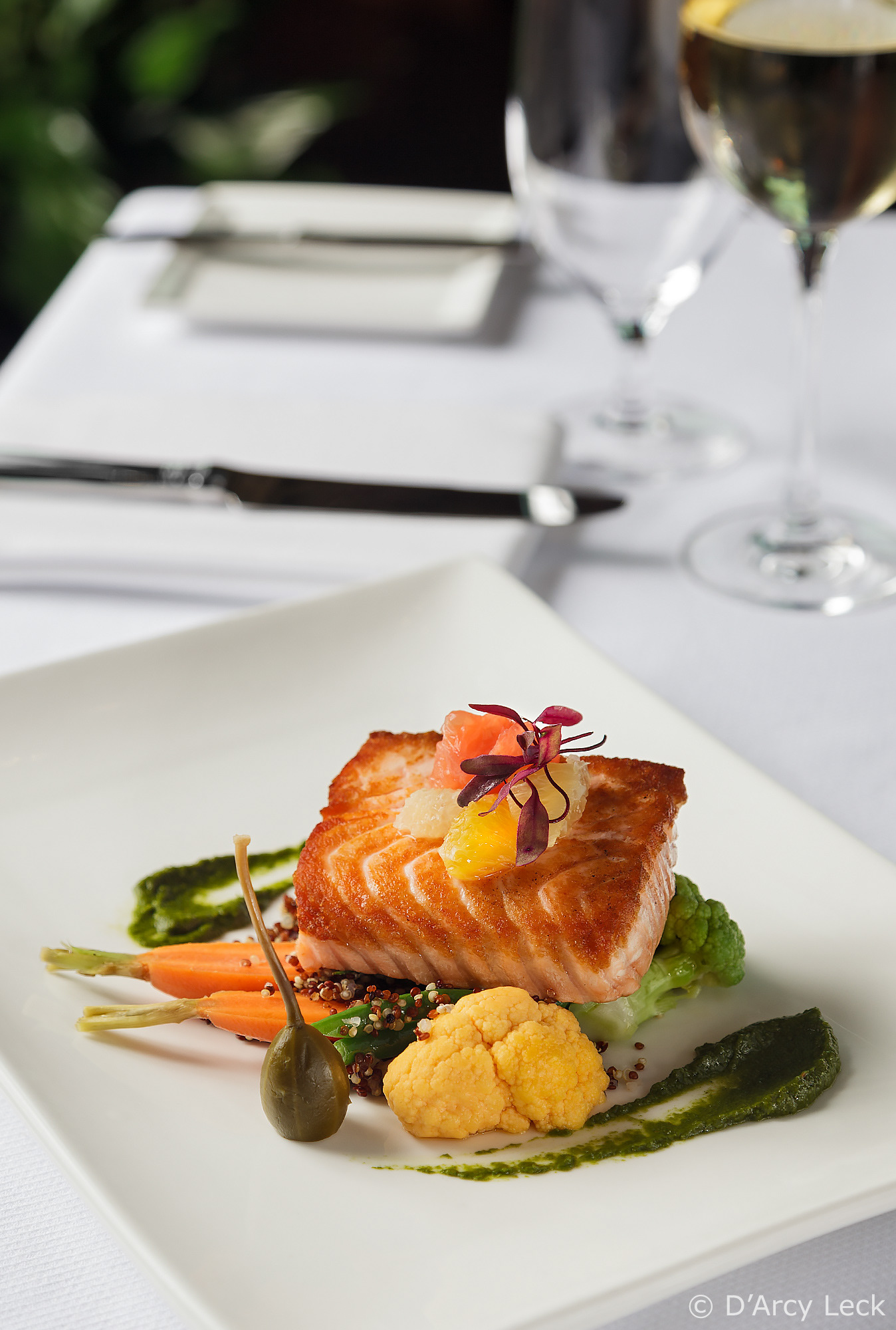 Food photographer D'Arcy Leck photographs a salmon entree of Jill's restaurant