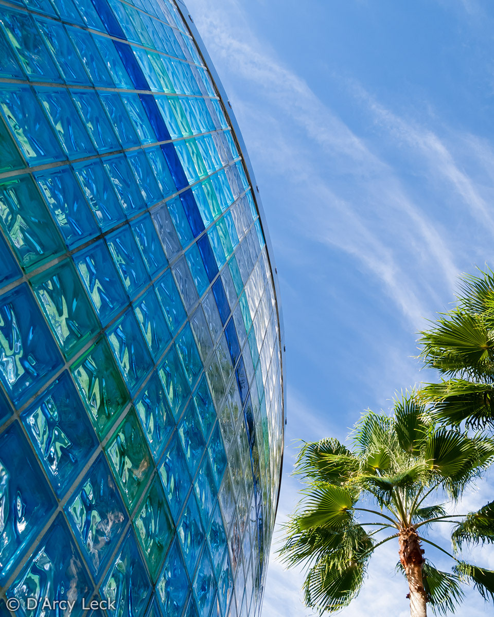 architectural photograph of exterior of colored glass block pool house