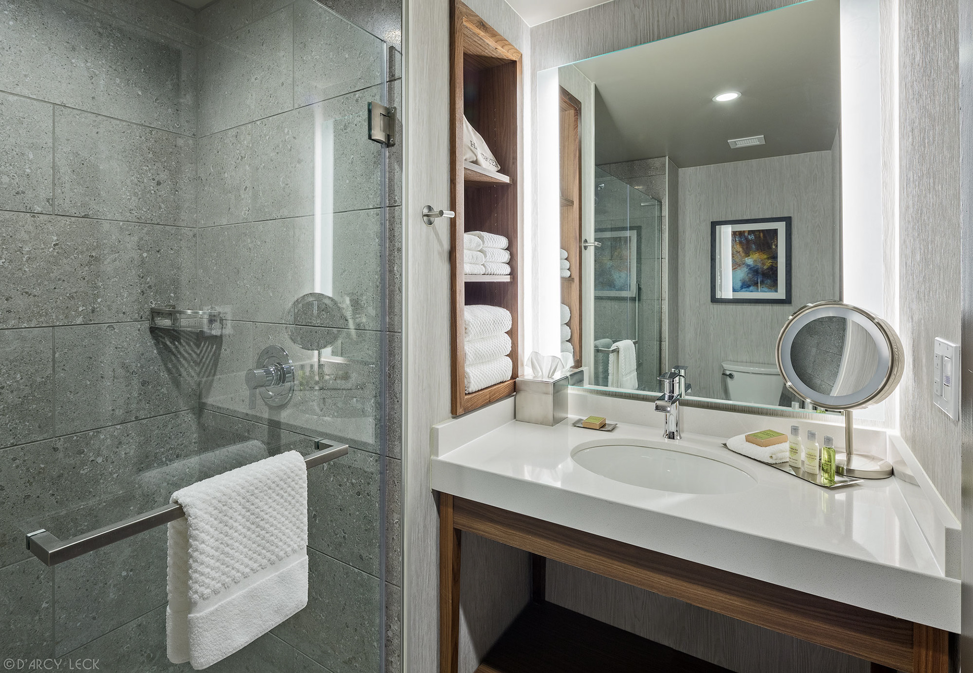 hospitality photography of a guest room bathroom of The Bevy hotel