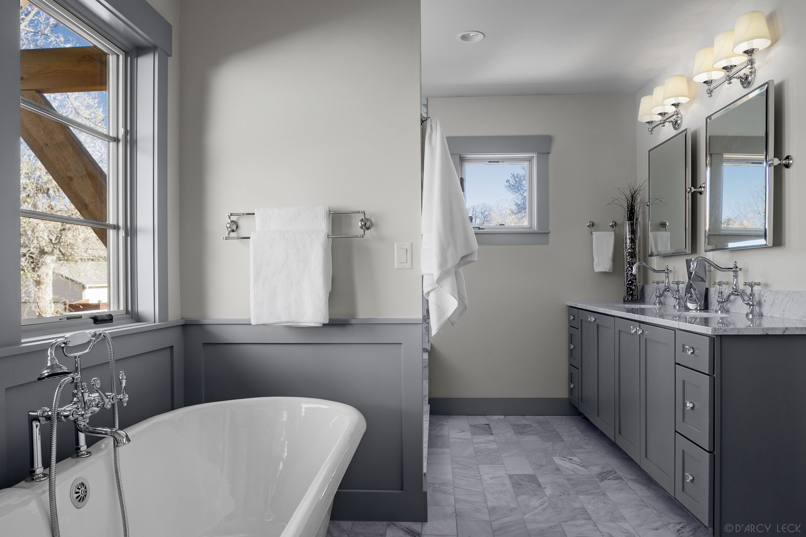 architectural interior photographer D'Arcy Leck captures a master bathroom of a modern urban duplex for architecture firm MmD Architecture Studio