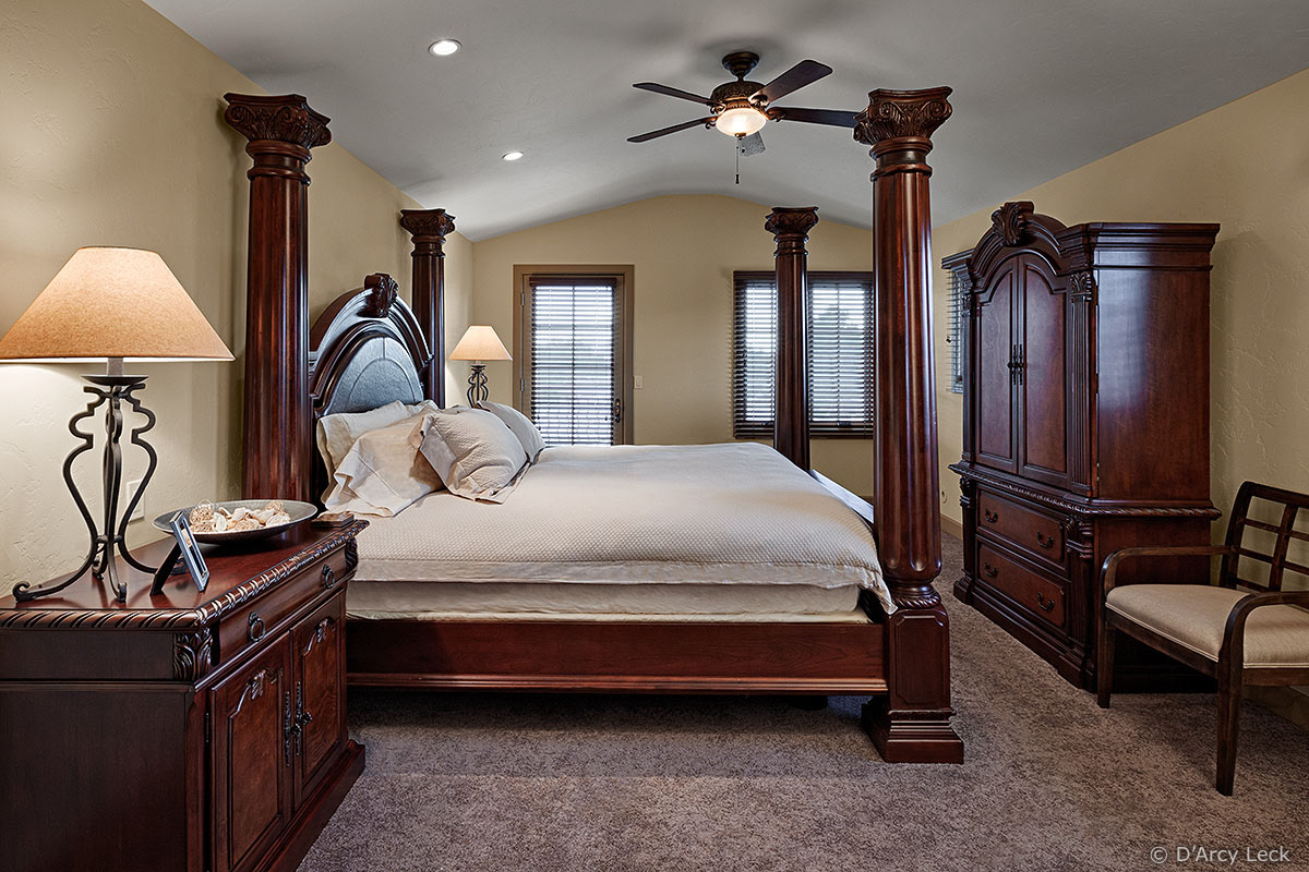 interior architectural photographer D'Arcy Leck captures the master bedroom of luxury townhouse