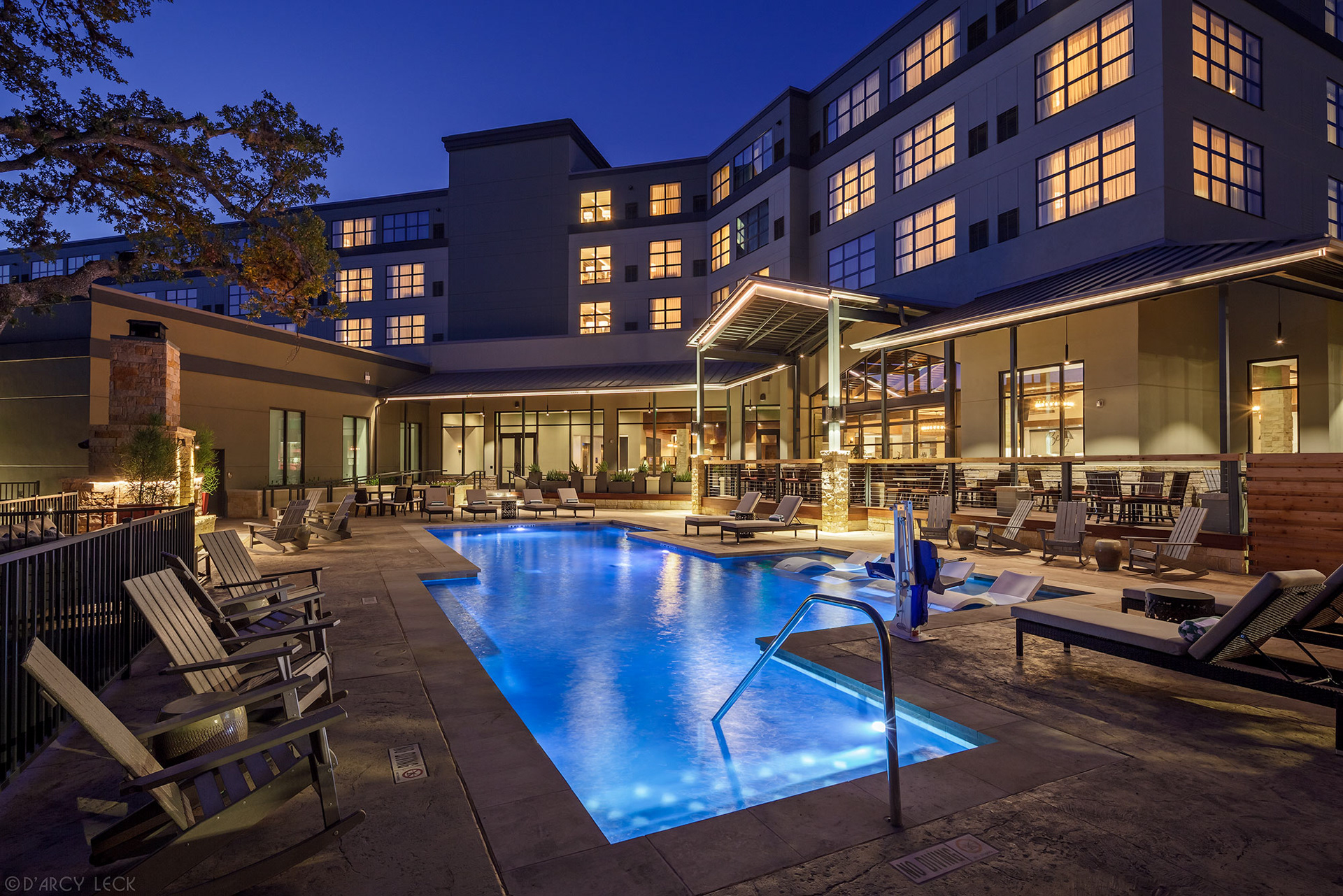 hotel photographer D'Arcy Leck photographs the rear exterior and pool at dawn of The Bevy hotel