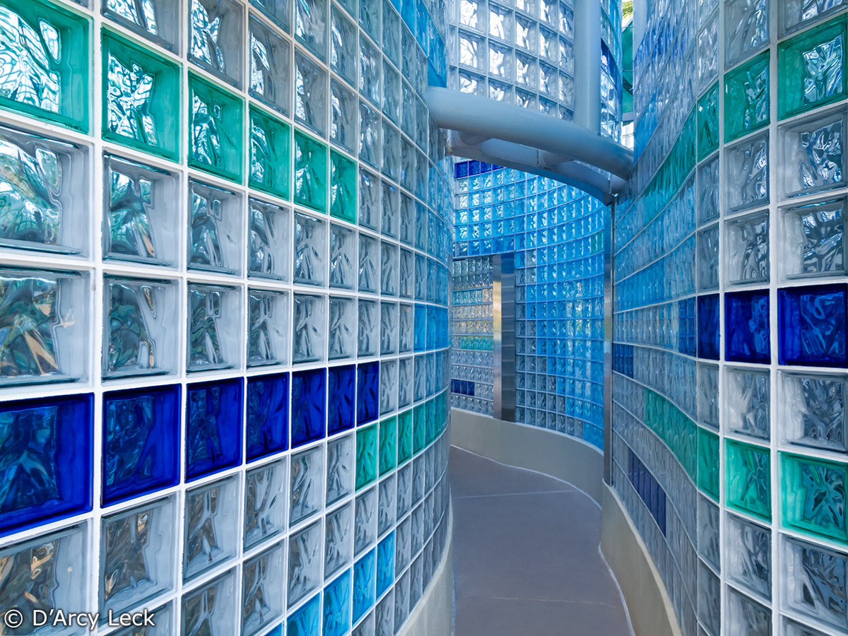 architectural photographer D'Arcy Leck photographs the interior of colored glass block pool house