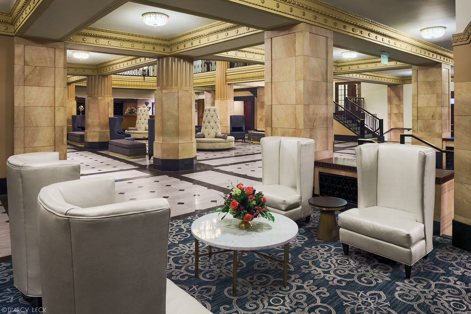 hospitality photographer D'Arcy Leck photographs the lobby of the Hilton President Kansas City hotel