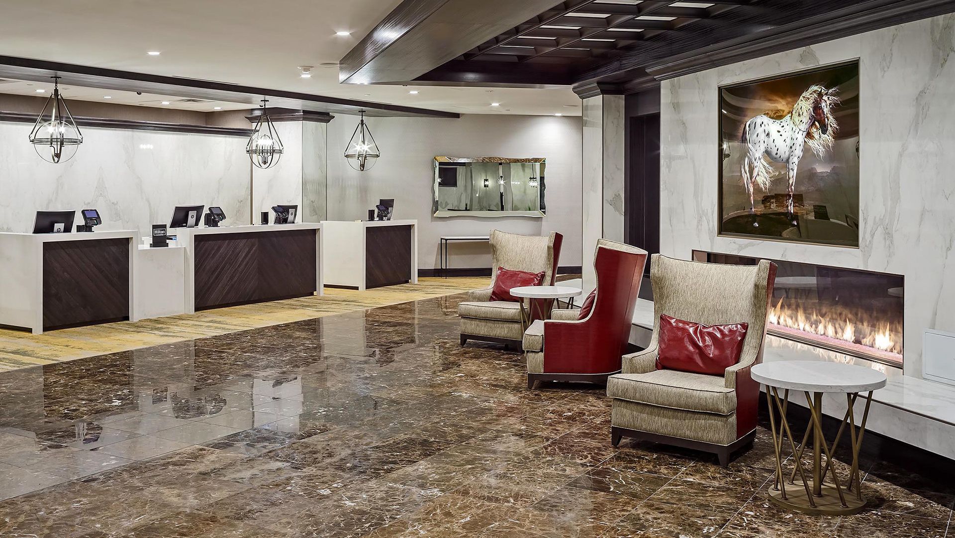 hotel photography of lobby and front desk of the DoubleTree Denver hotel