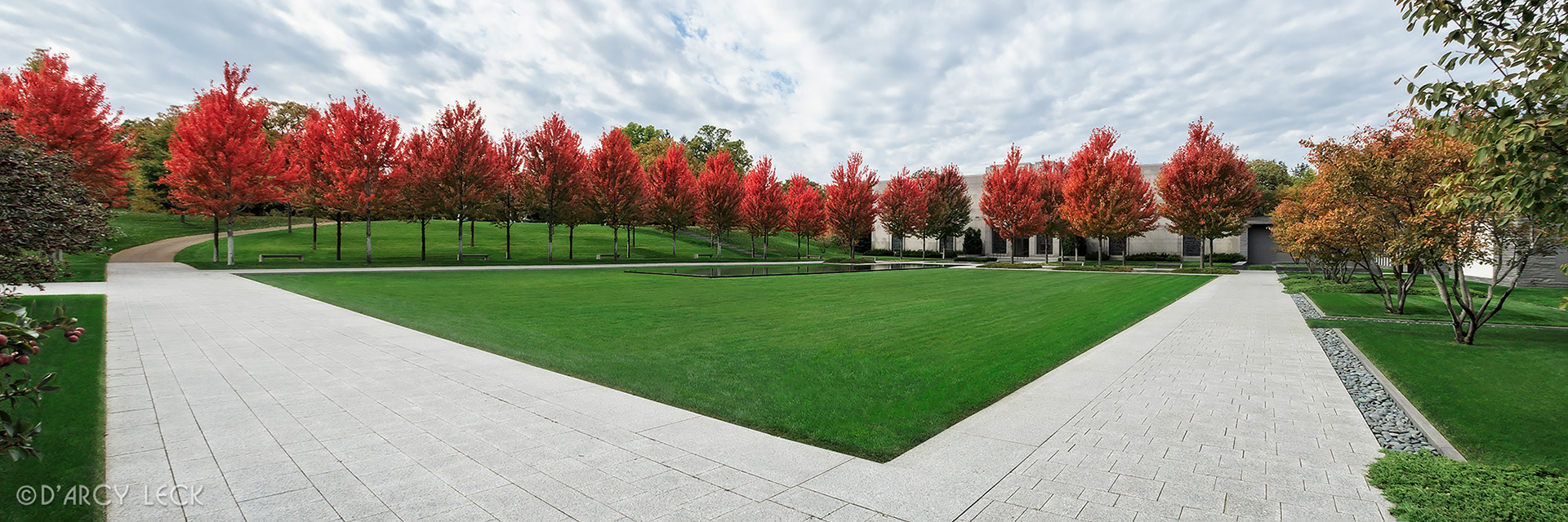 landscape design photography of the courtyard of the Lakewood Garden Mausoleum in autumn