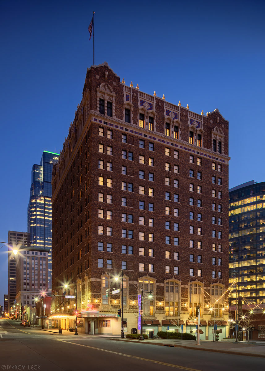 Hotel photography of Hilton President Kansas City hotel exterior at dawn