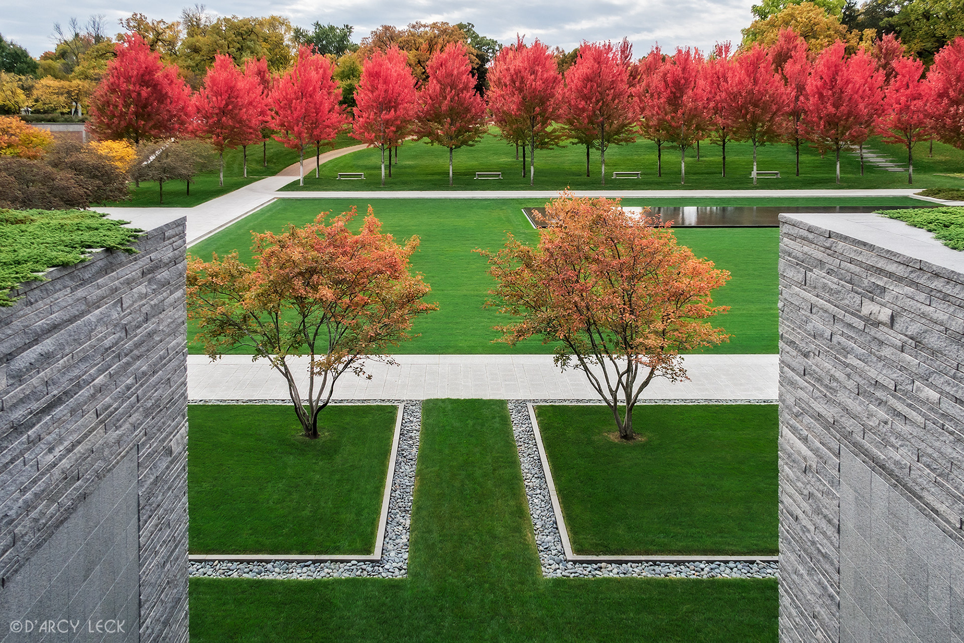 landscape architecture photography of the courtyard of the Lakewood Garden Mausoleum in autumn