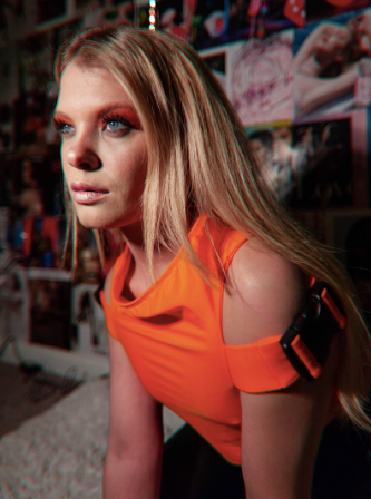 "Orange Blaze" cut crop buckle top. 