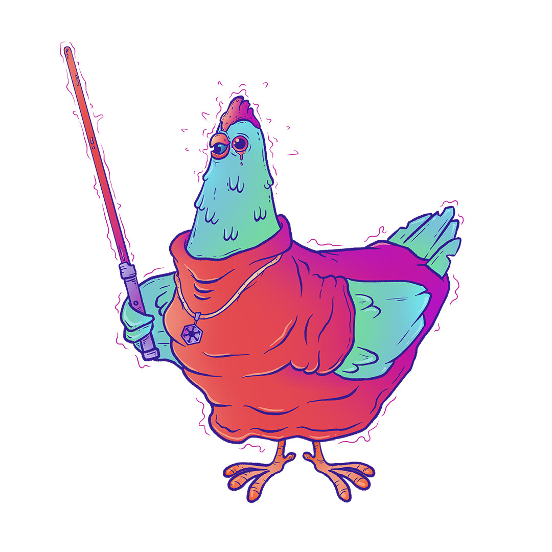 Illustration of a star wars sith chicken with a lightsaber
