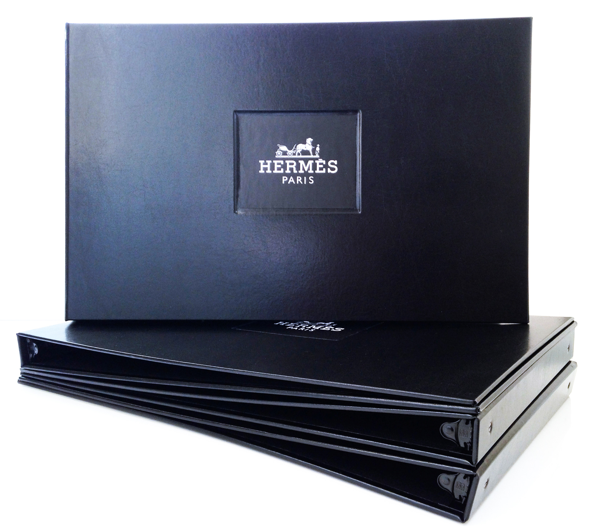 Custom 11x17 3-ring leather binder For Hermes retail location pitch book.