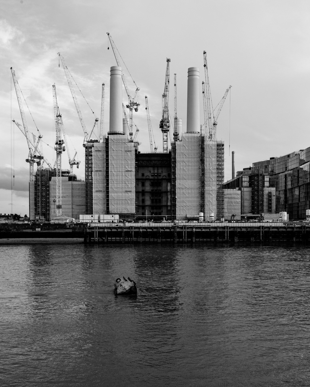 Battersea Power Station with tower cranes during redevelopment, from Grosvenor Road, London.  Image © Nik van Herpt
