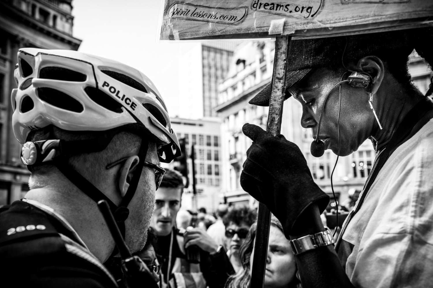 Religious protester being questioned by police at the 2018 London Pride parade. Image © Nik van Herpt