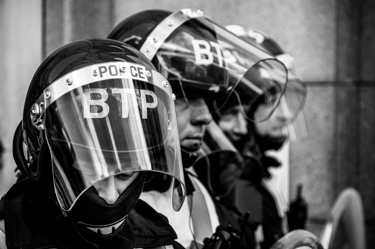 Close up of British Transport Police at the 2009 G20 London summit protests. Image © Nik van Herpt