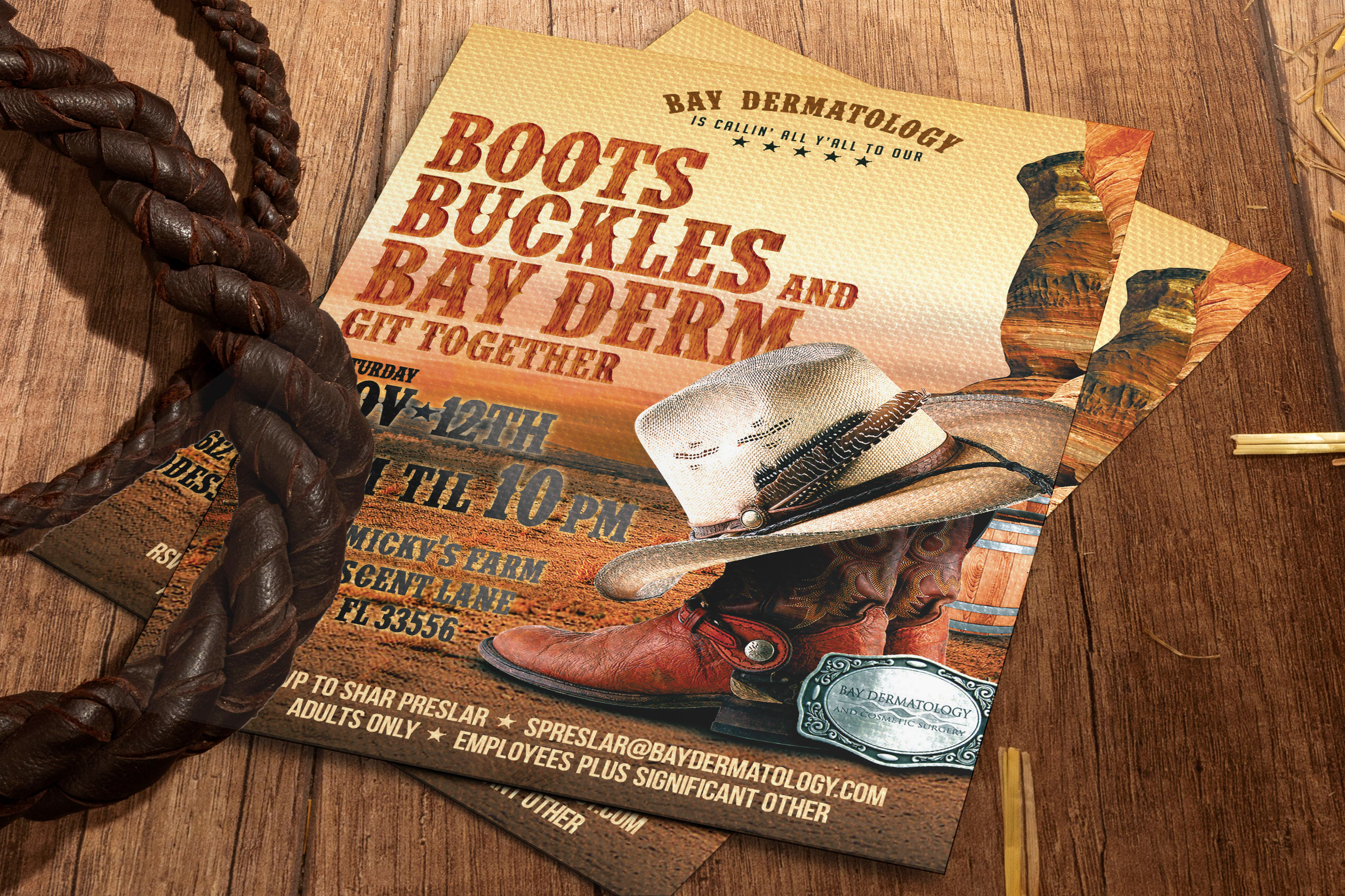 Bay Dermatology & Cosmetic Surgery Boots Buckles and Bay Derm Git Together Holiday Party Flyer