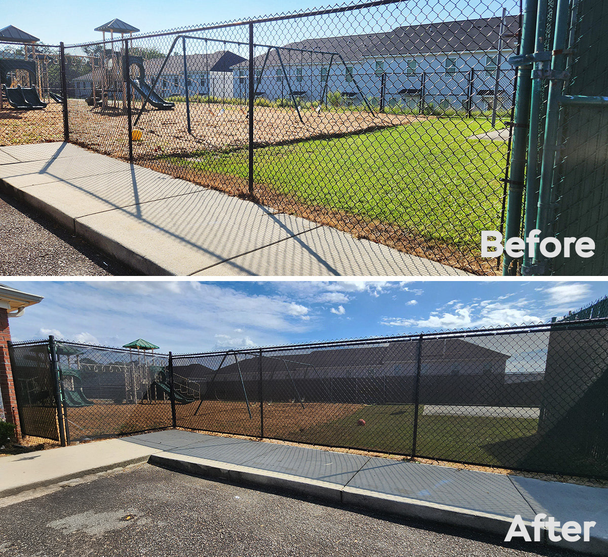 Front Side View. Two-photo collage showing a before and after comparison of a fenced play area. In the before image, the play area is clearly visible through the open chain-link fence. In the after image, a dark windscreen has been installed along the fence, significantly reducing visibility into the play area to enhance privacy and improve security.