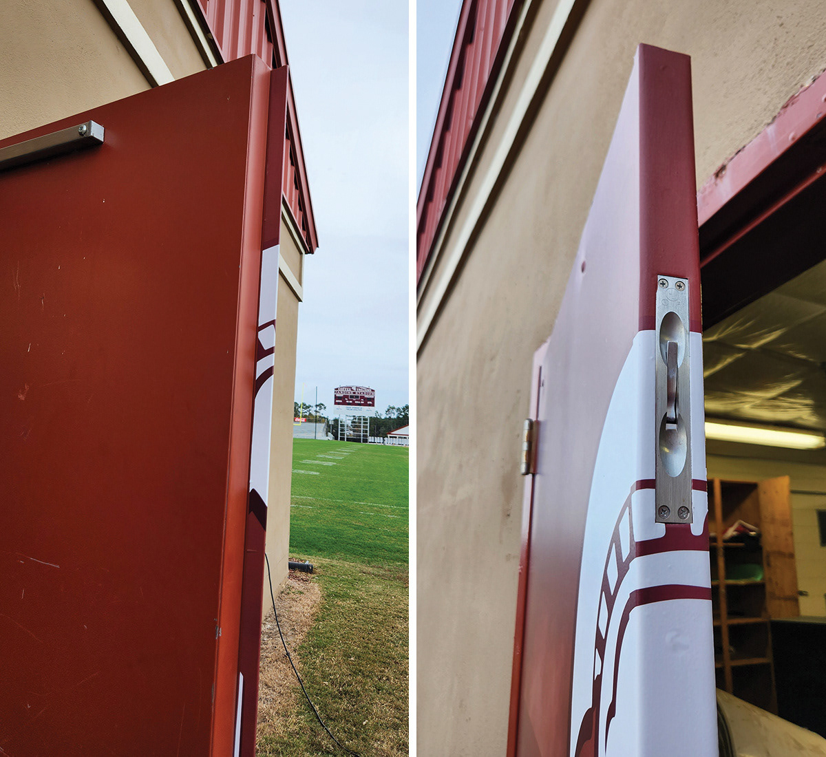 Side view of an open door featuring a full print adhesive vinyl door wrap with a burgundy background and a white image of a Trojan helmet, showcasing the quality of the installation.