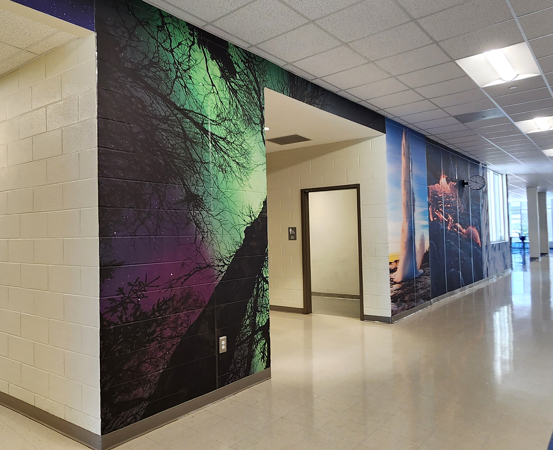 A floor-to-ceiling adhesive vinyl wall mural in a hallway. The mural features, from left to right, the sky at night viewed from beneath a canopy of trees with the northern lights above, a geyser, lava among a volcanic cliffside, and a glacier. 