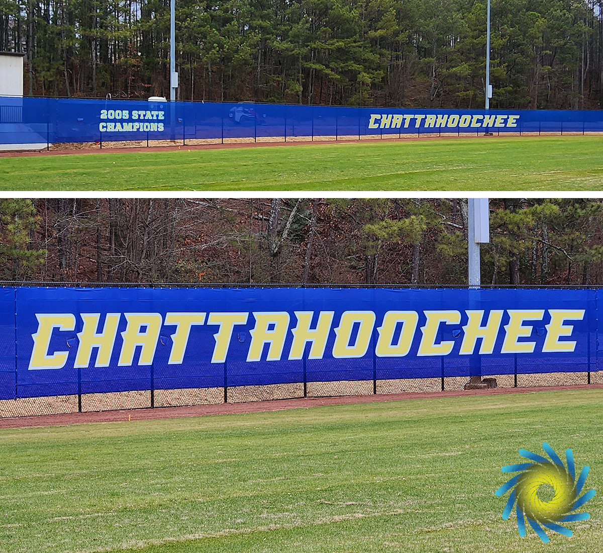 blue windscreen attached to a fence barrier topped with yellow fence guard rail top tear drop fence cap, printed with yellow text oulined in white reading '2005 state champions' and 'chattahoochee' on the outer edge of a baseball field
