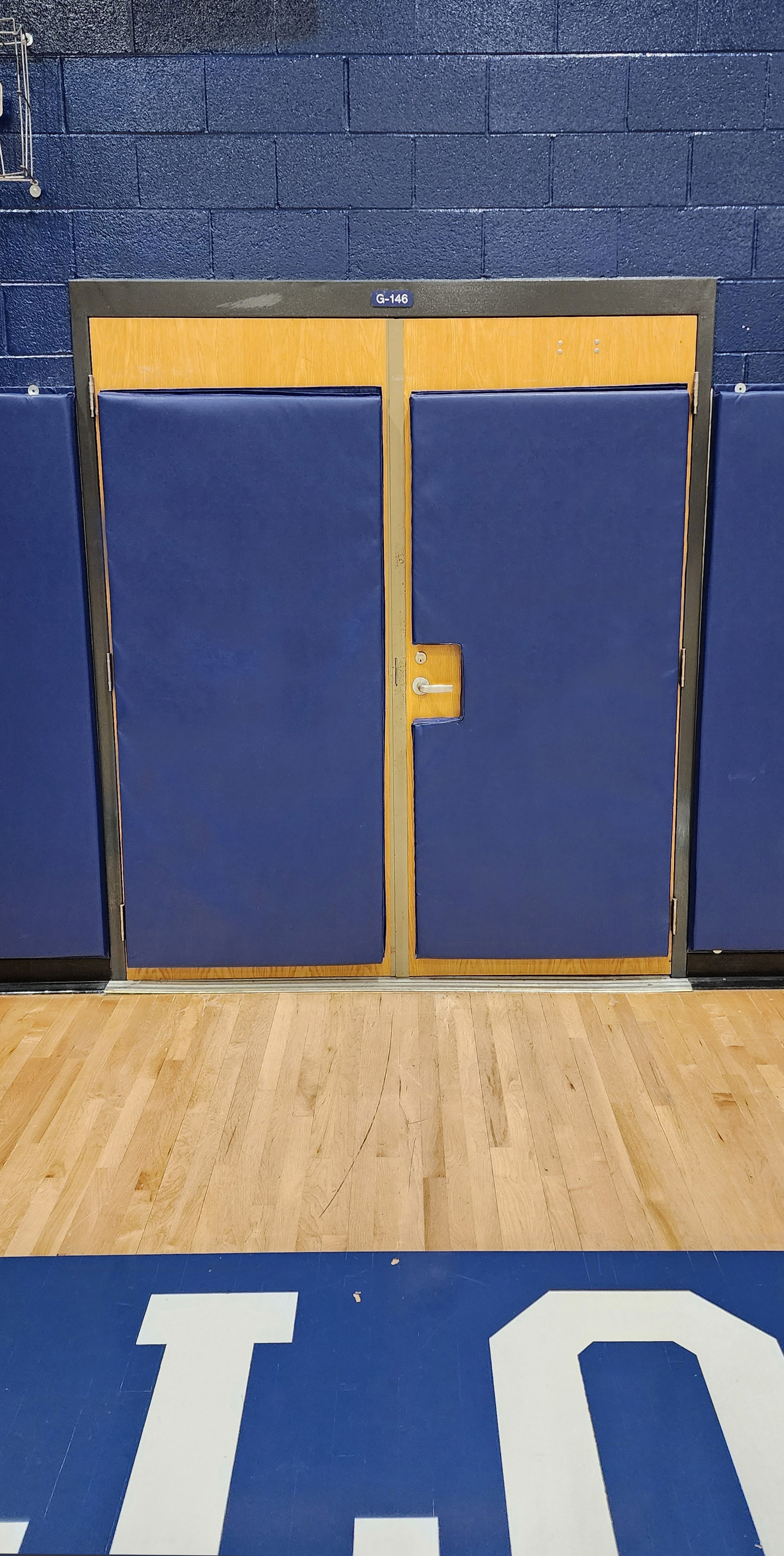 Two vinyl-covered backstop pads attached to a set of double wooden doors.