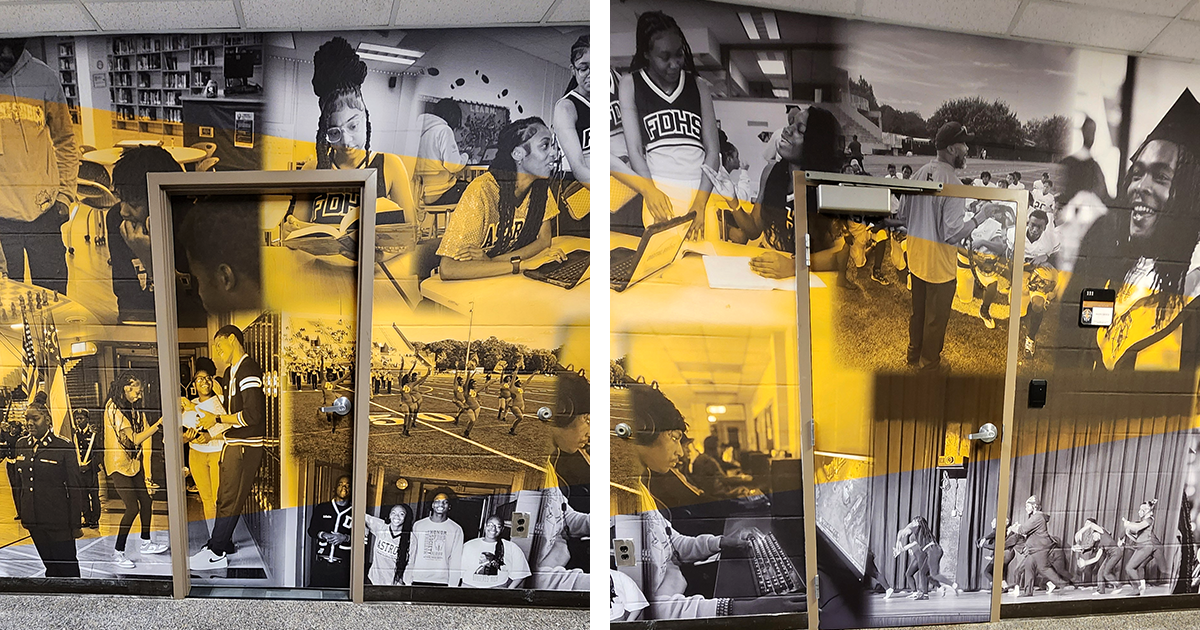 full print adhesive wall mural featuring a black and white collage of students accented with yellow