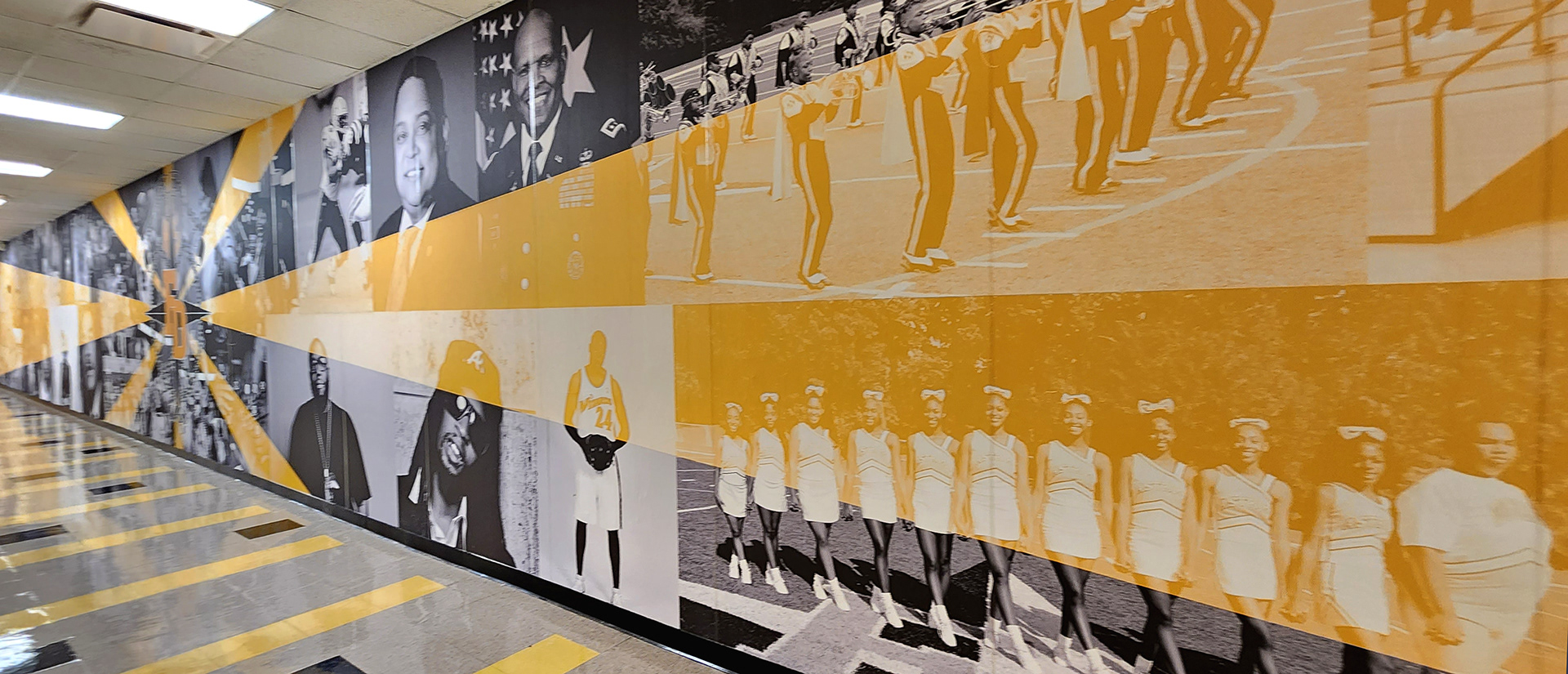full print adhesive vinyl wall mural collage printed in black and white with yellow accent