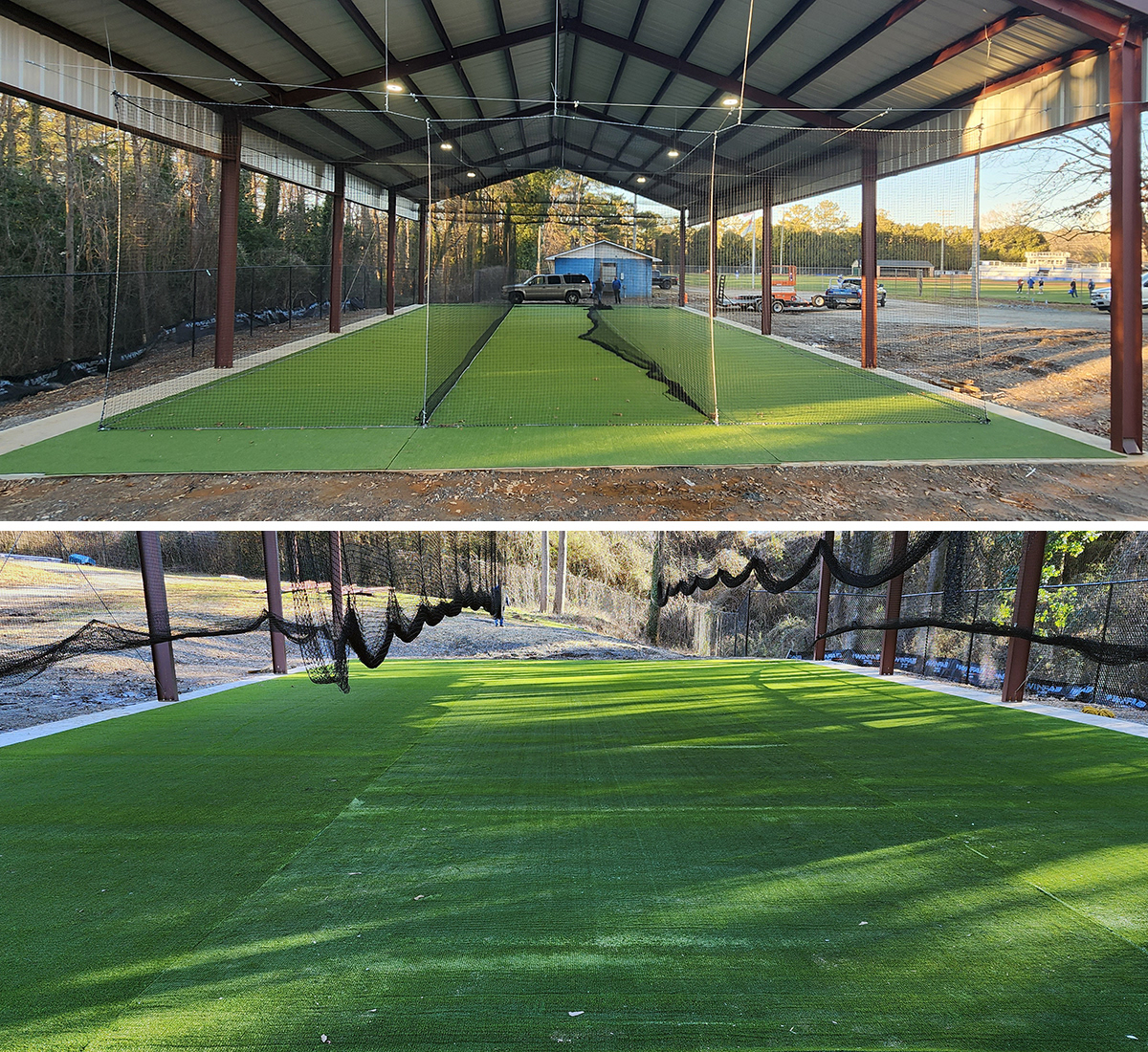 converting a pavilion to an outdoor batting cage with green turn, black sports netting and suspension cables