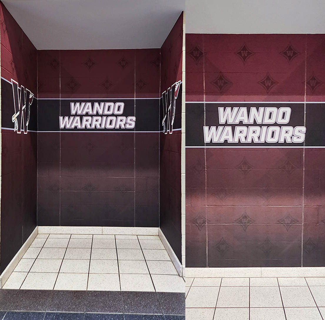 Two adhesive vinyl wall murals: one for a hallway alcove on the left and one for a flat wall on the right. Both murals feature a full-print burgundy gradient background with a black banner at the top, outlined in white, with the text 'Wando Warriors' in white, centered within the banner. The left alcove mural also includes a full-print burgundy gradient background on the left and right walls, with a black banner outlined in white at the top. In the center of this banner is a large black 'W' logo, outlined in burgundy and white, with an arrow weaved through the letter.